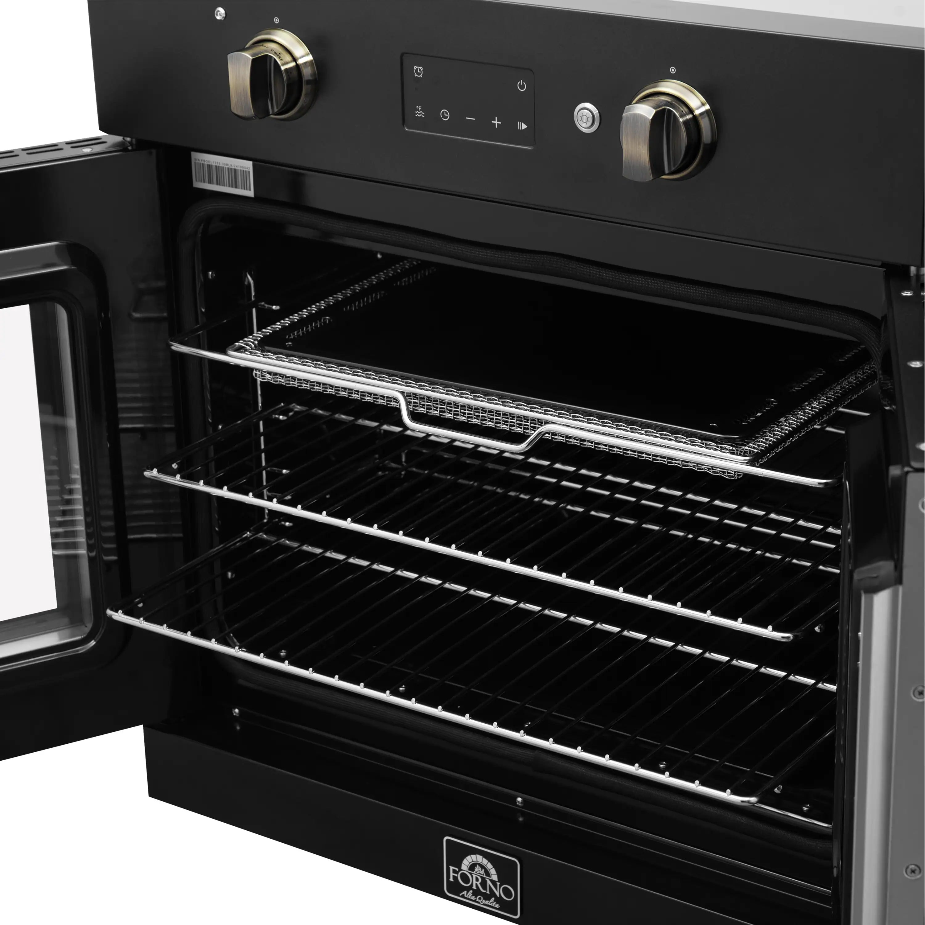 Black single wall oven open with wire bake rack and side rack supports.