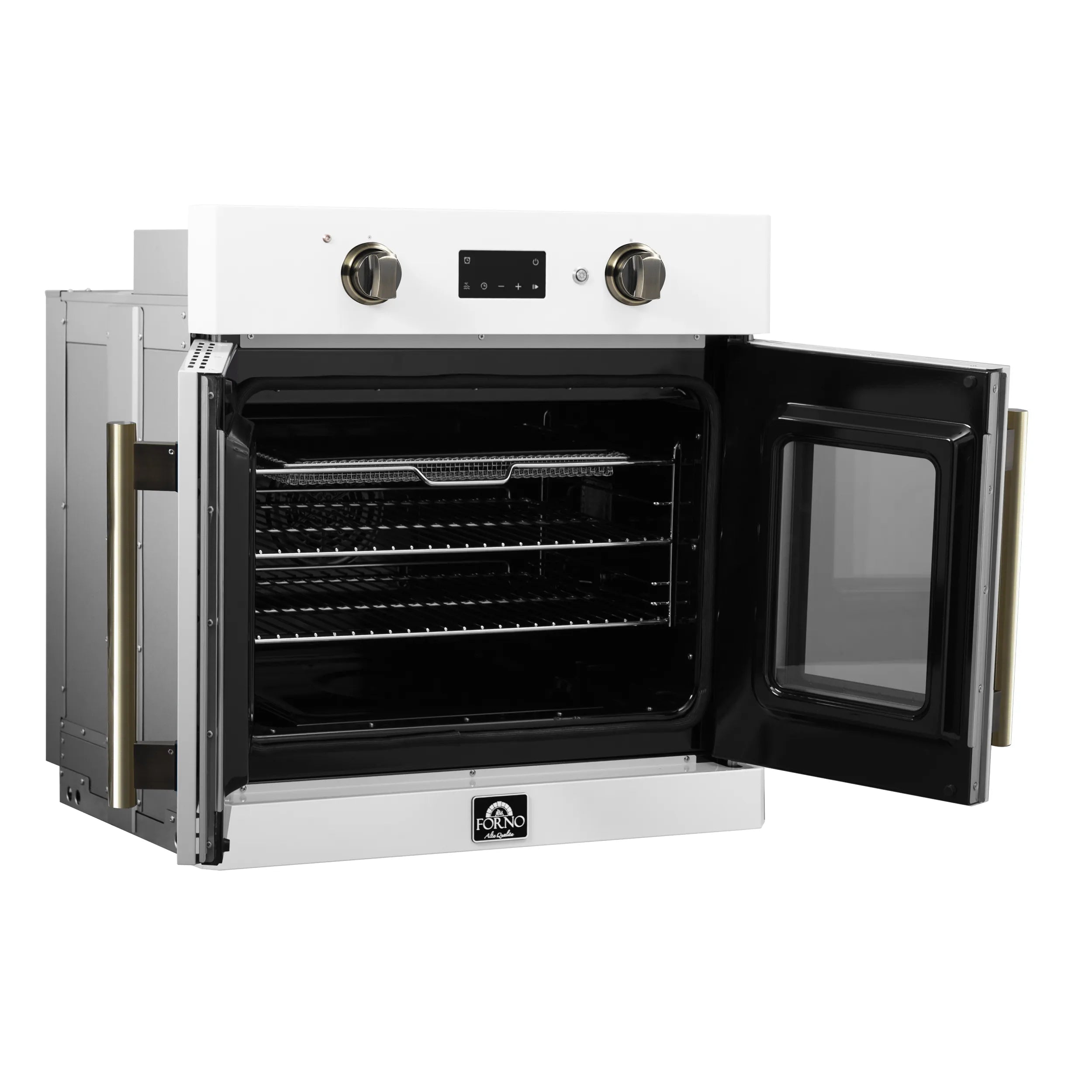 White electric wall oven with French doors, antique brass handles and black control panel