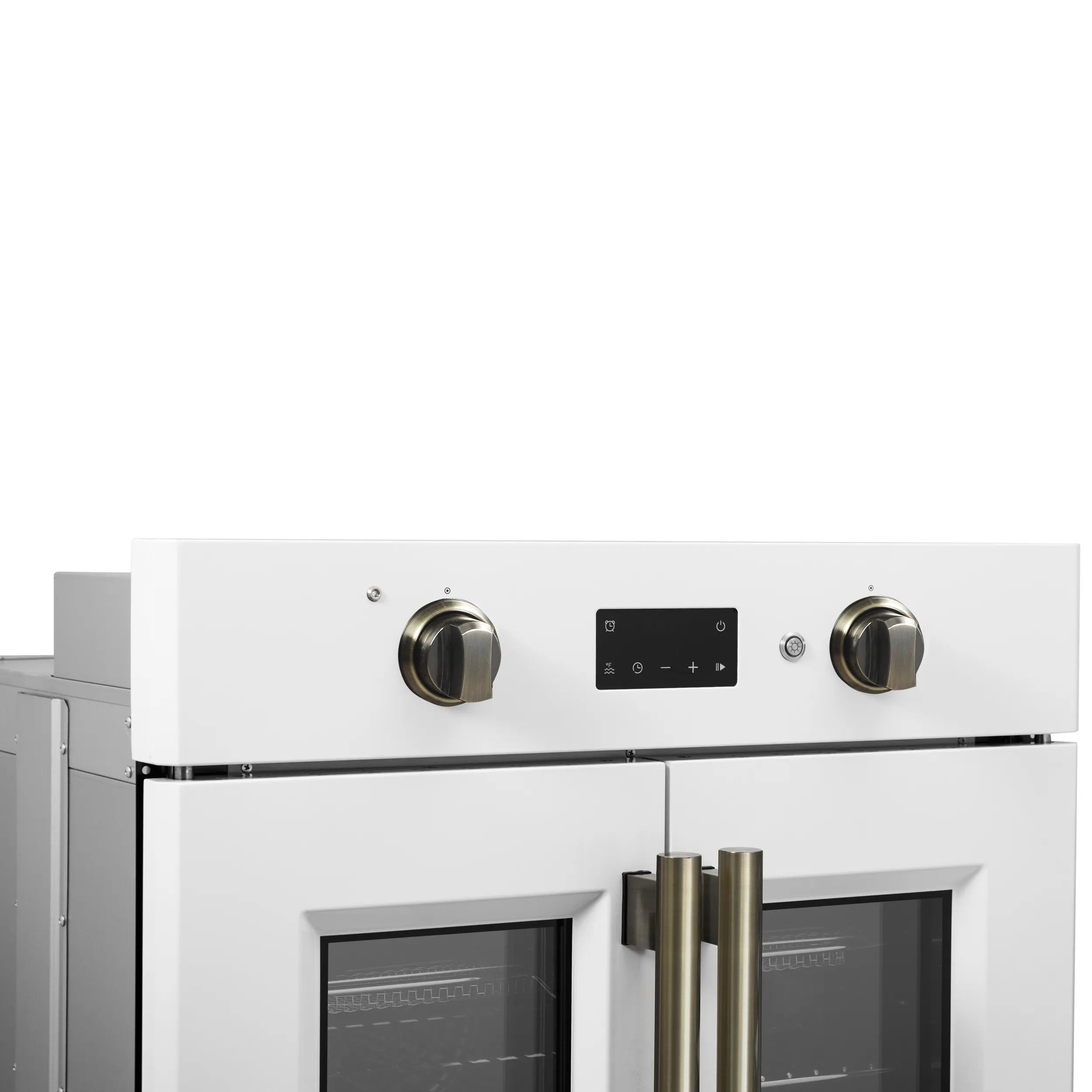 White electric wall oven top panel with two brass knobs and black display