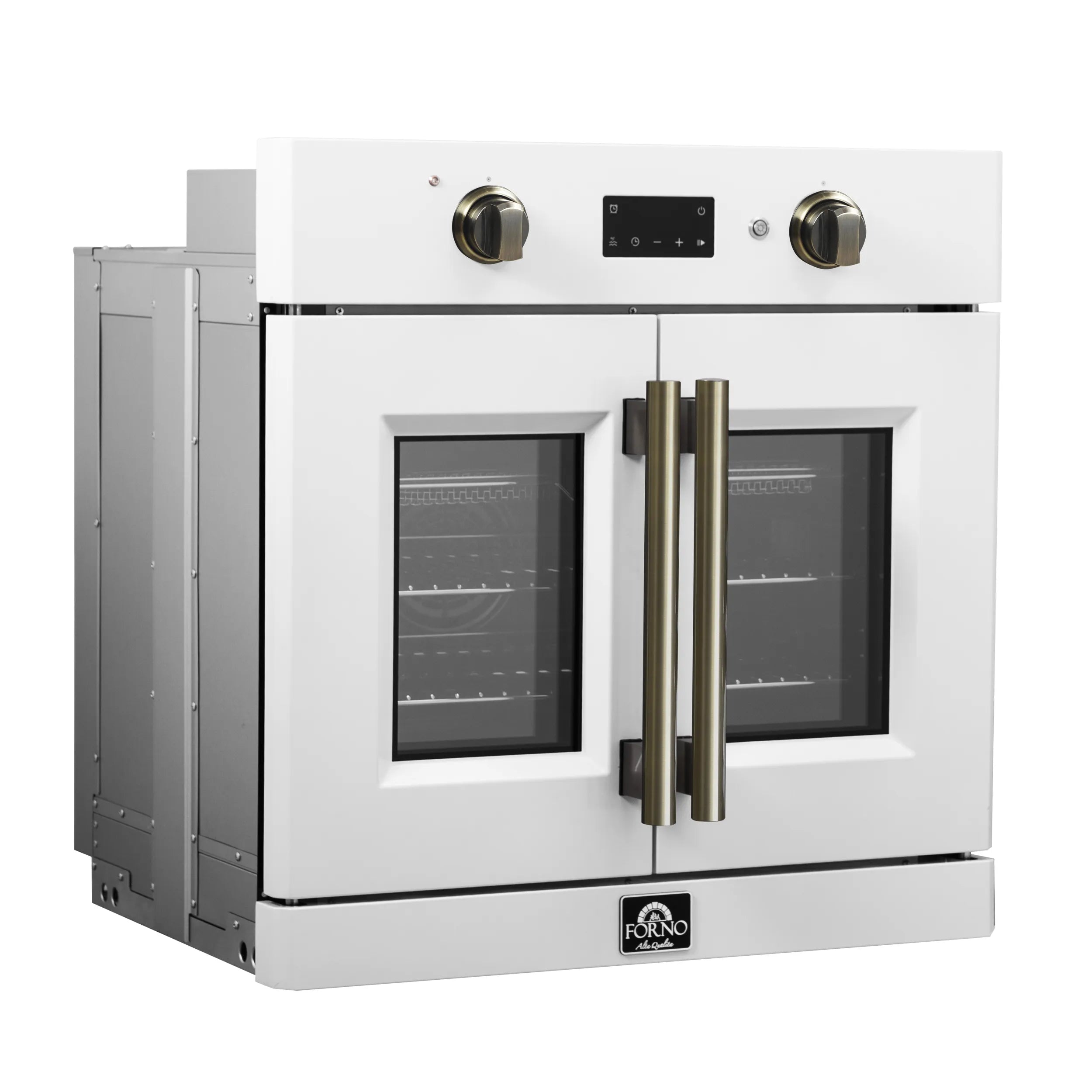 White electric wall oven with French doors, brass handle and dual glass windows