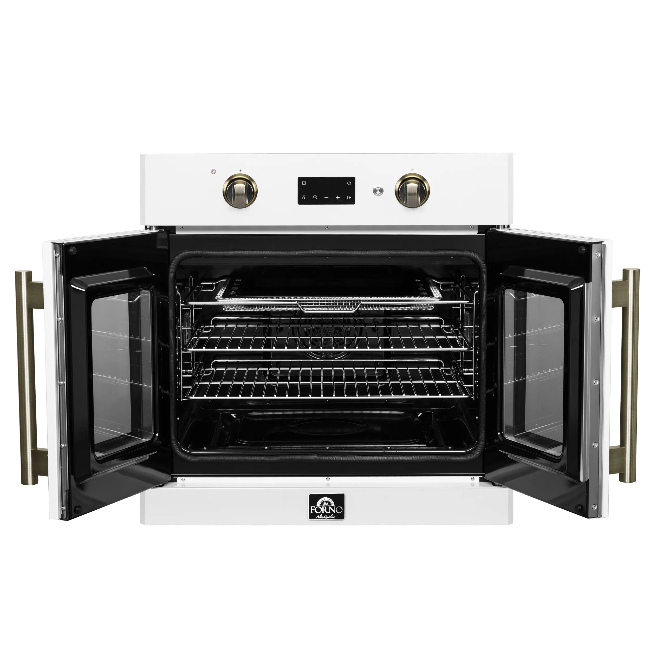 White French door wall oven open with two glass doors and visible interior racks