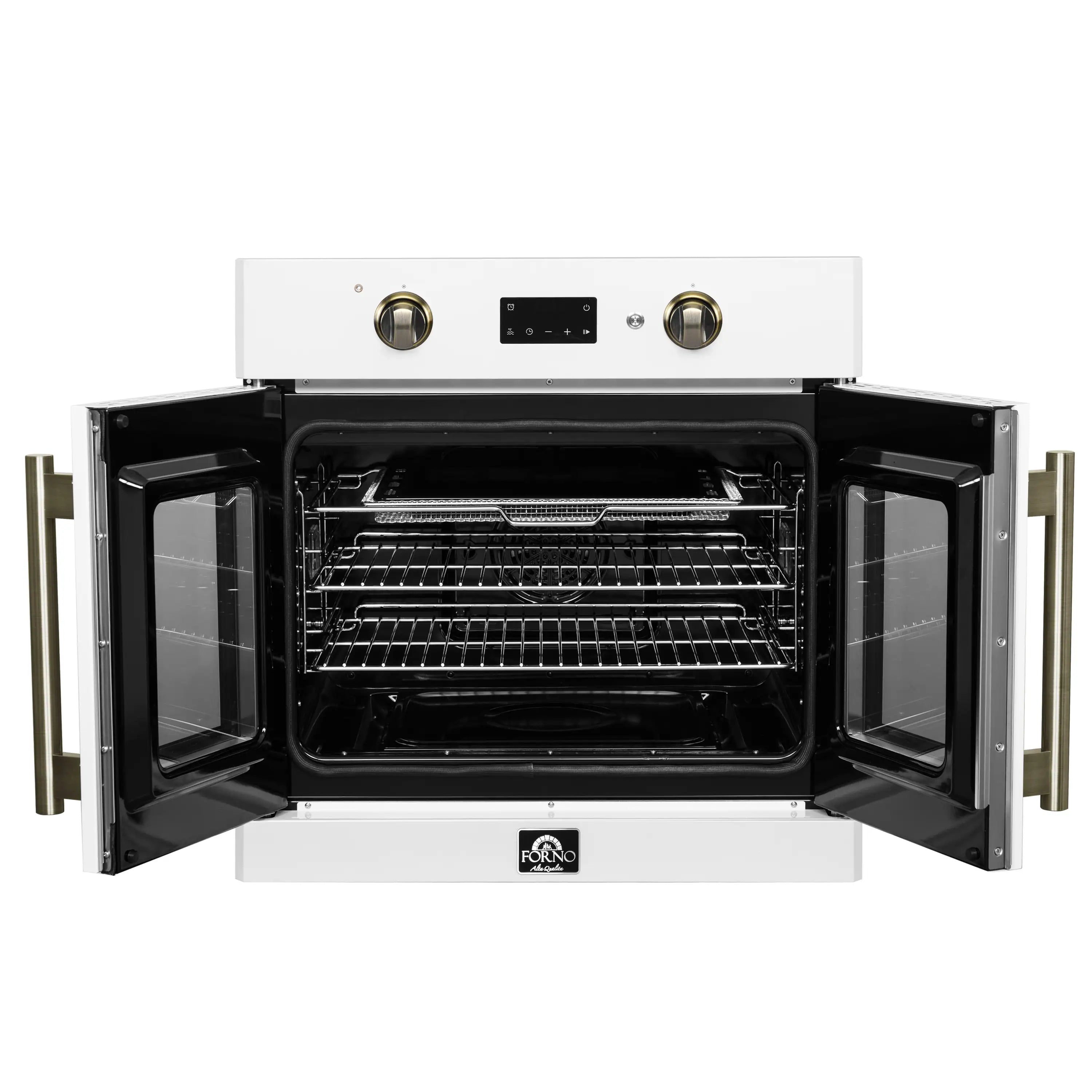 White single wall oven interior view with racks and heating elements, door open