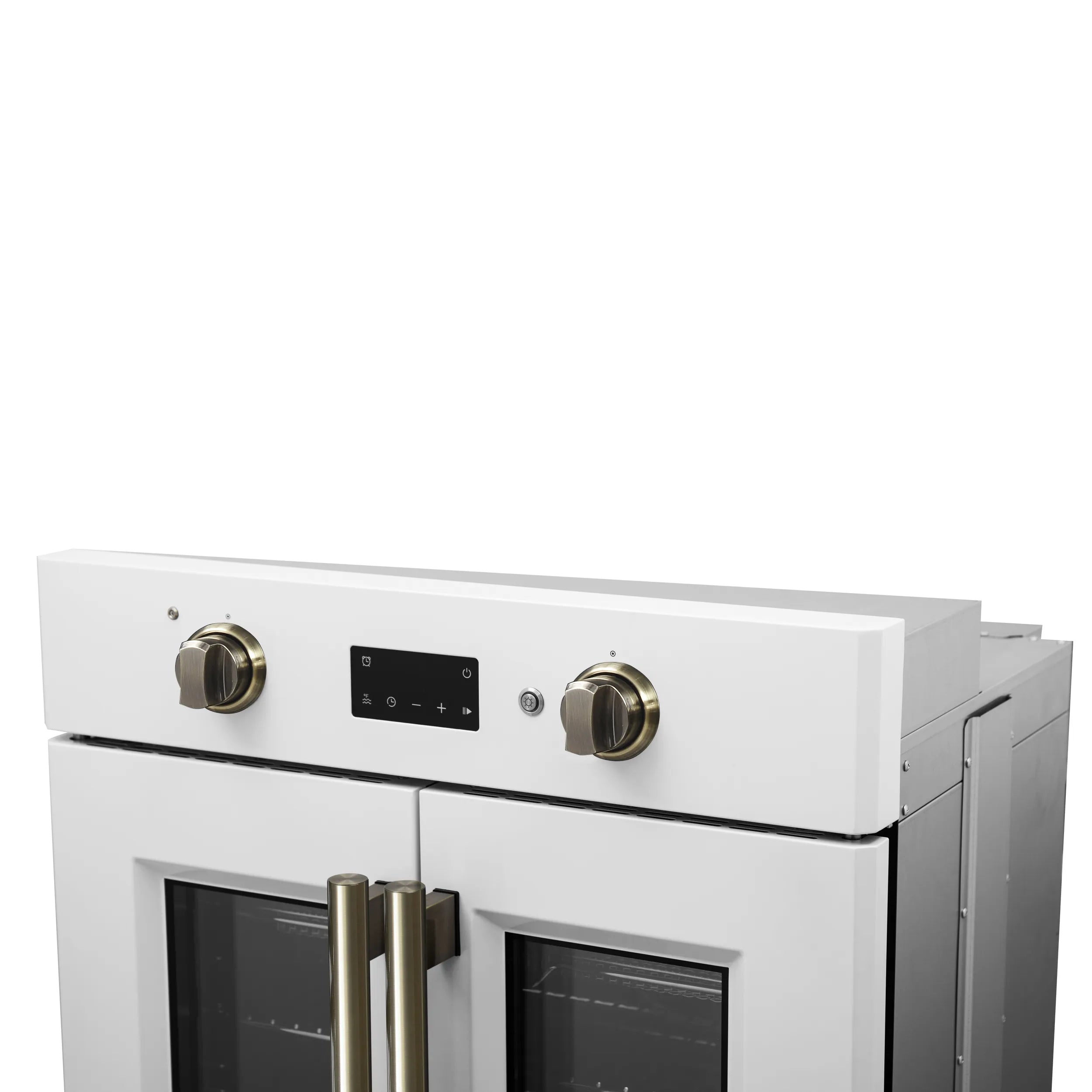White wall oven front with two brass knobs and black center control display