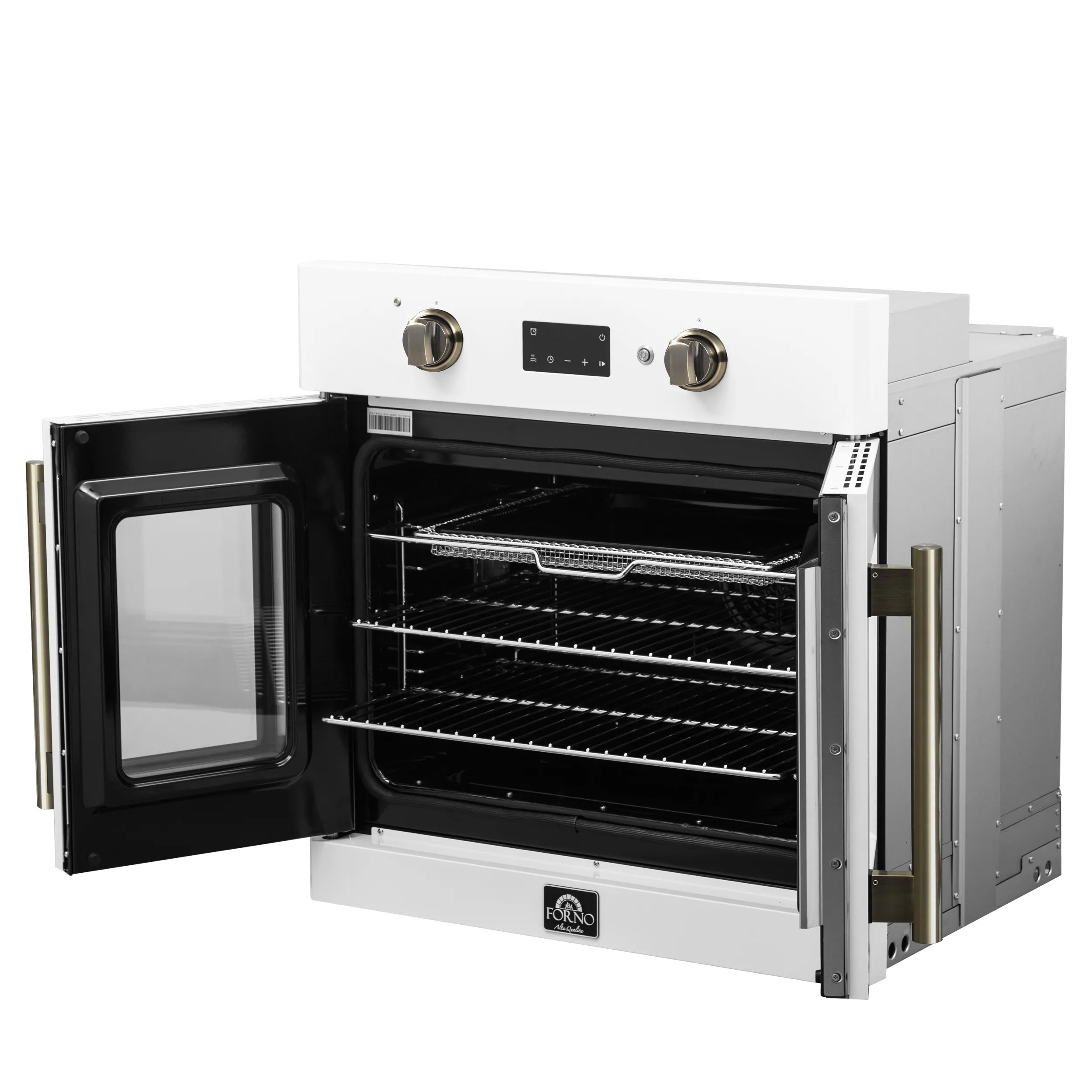 White French door wall oven with left door open and interior racks visible