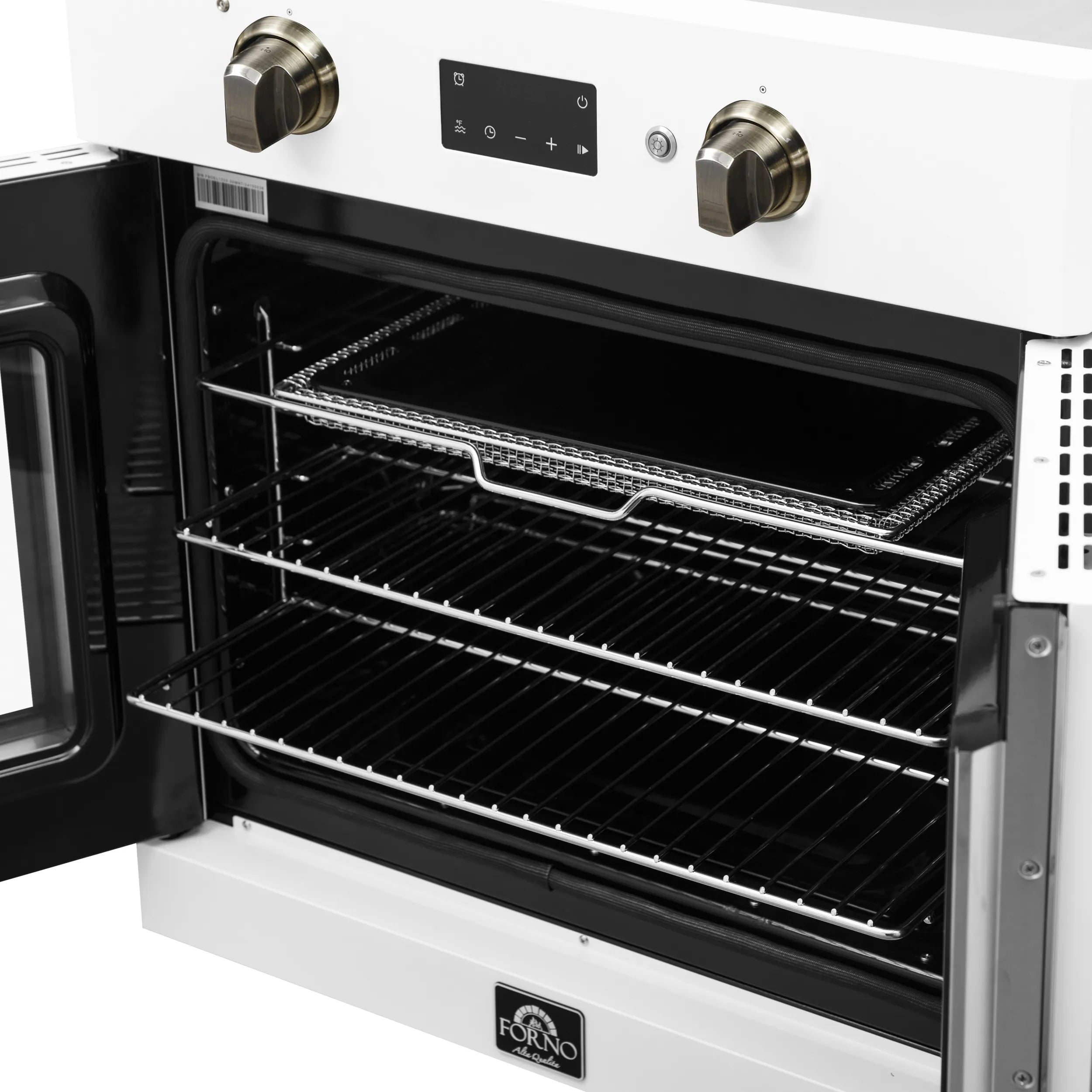 Wall oven interior with multiple wire racks and top heating element