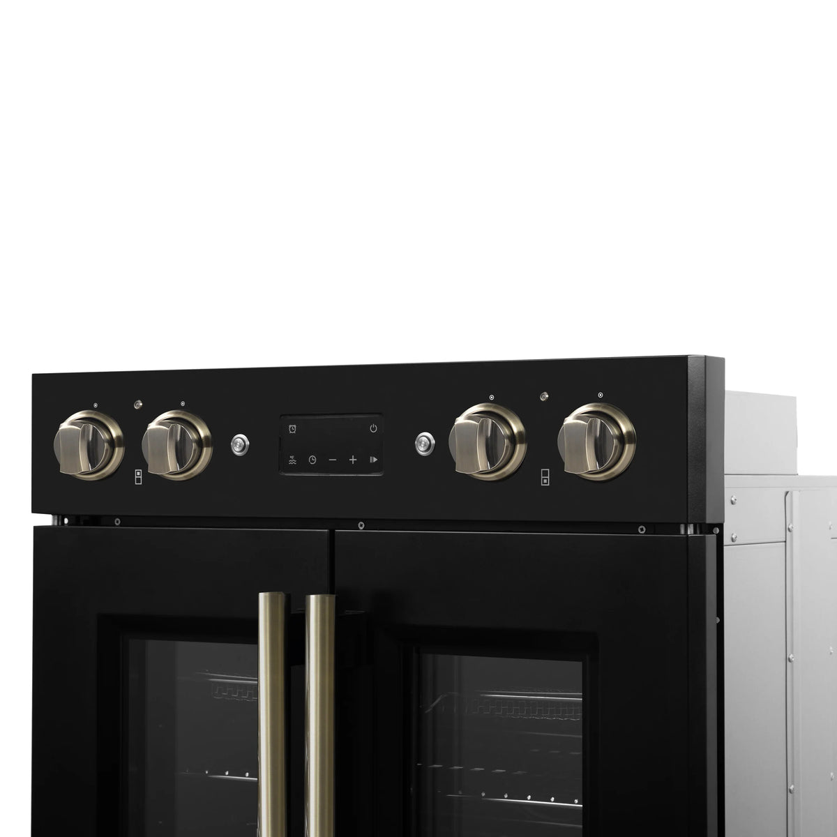 Black double electric wall oven top control area with five knobs and central display