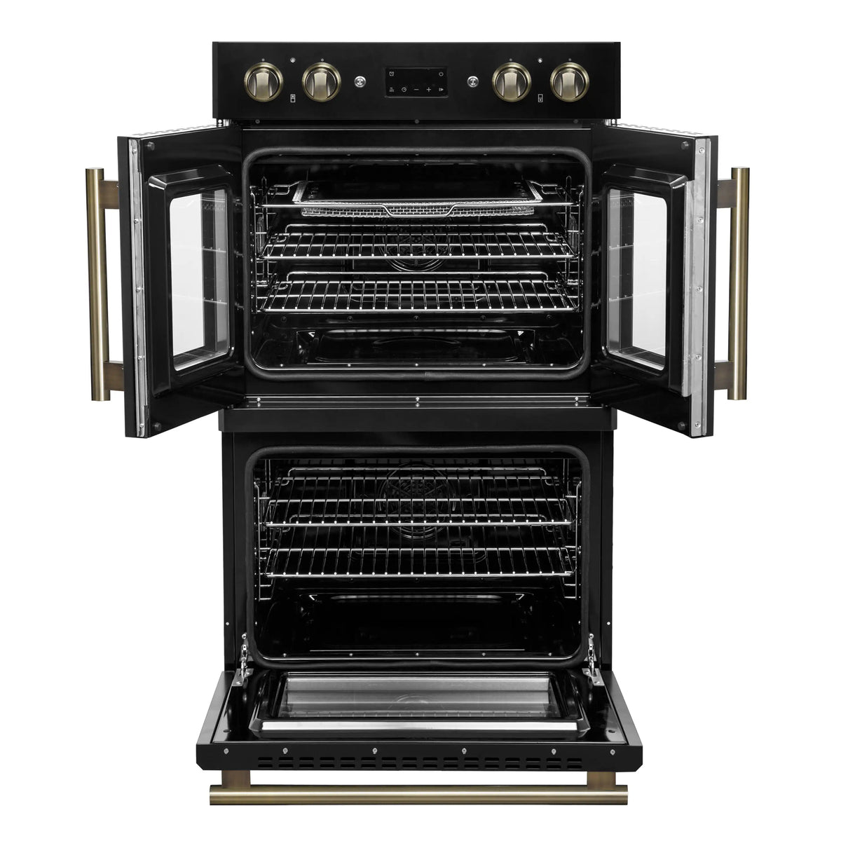 Black double wall oven with both doors open, wire racks visible, antique brass accents