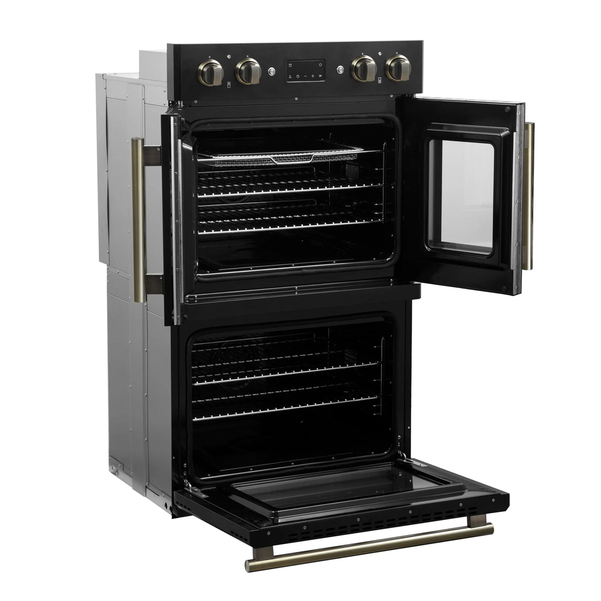 Black double wall oven with side compartments open; two racks and antique brass bar handle