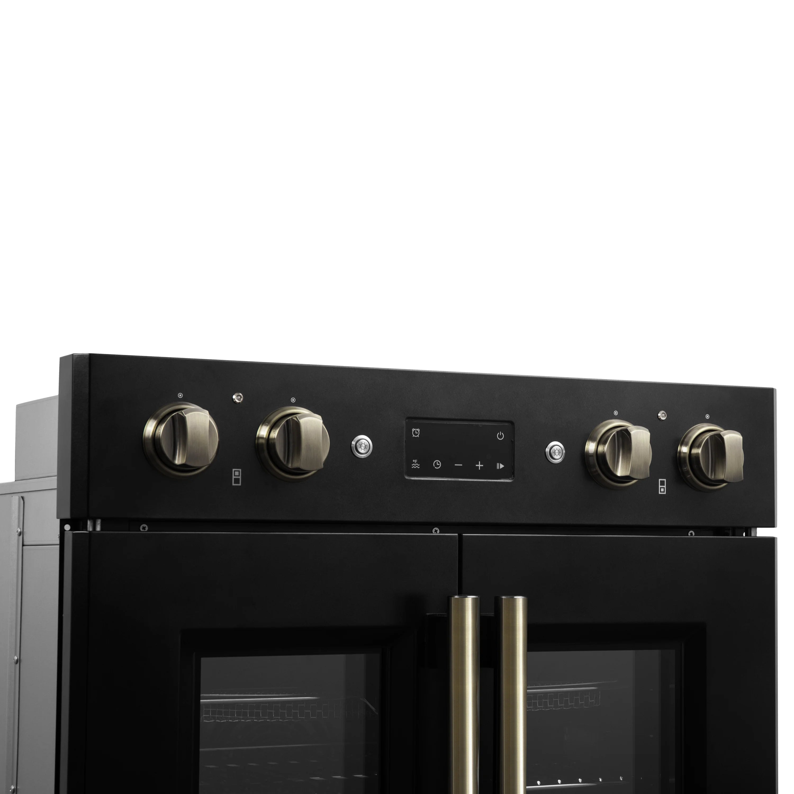 Black double wall oven top panel with round brass knobs and digital touch controls
