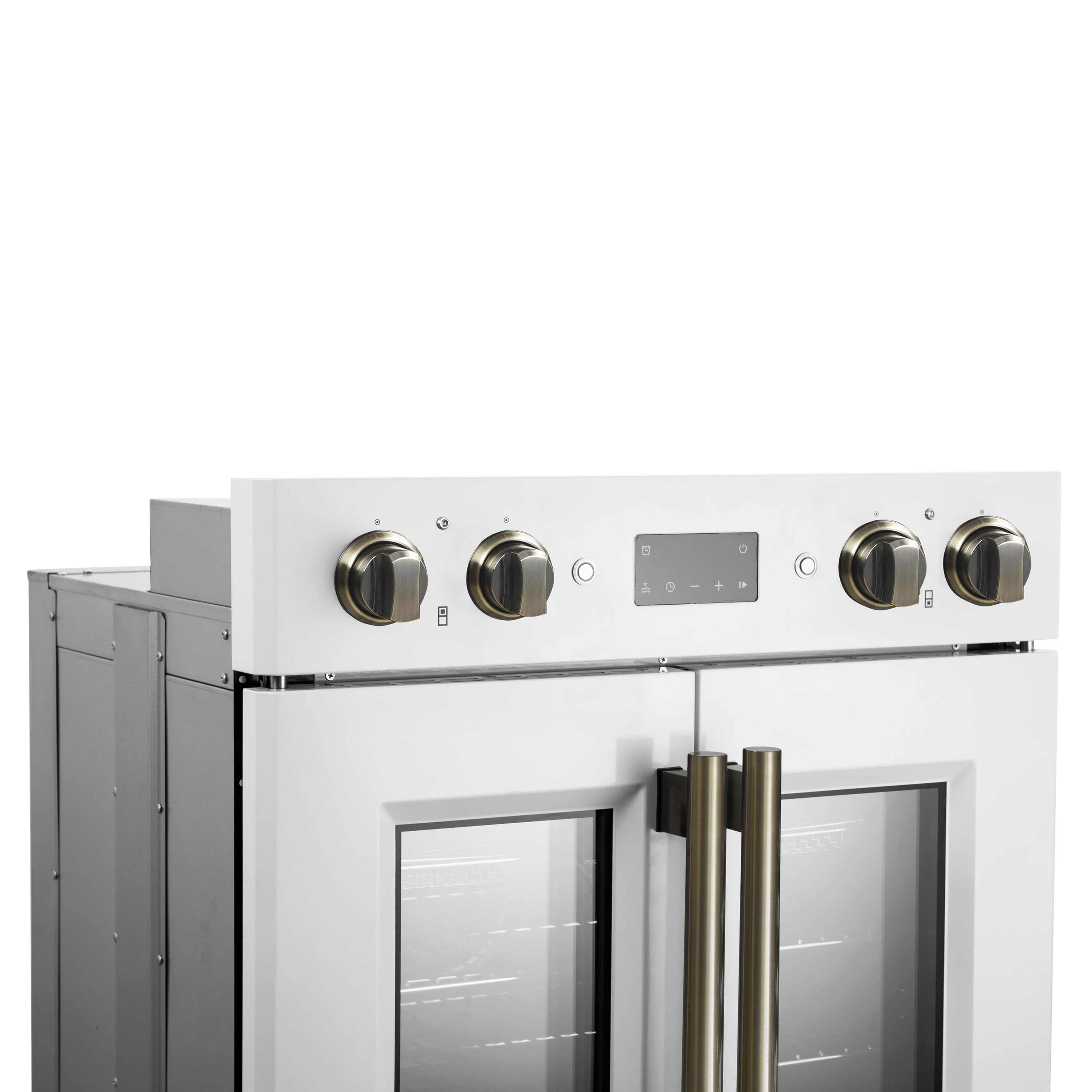 White double wall oven control panel with knobs and digital display