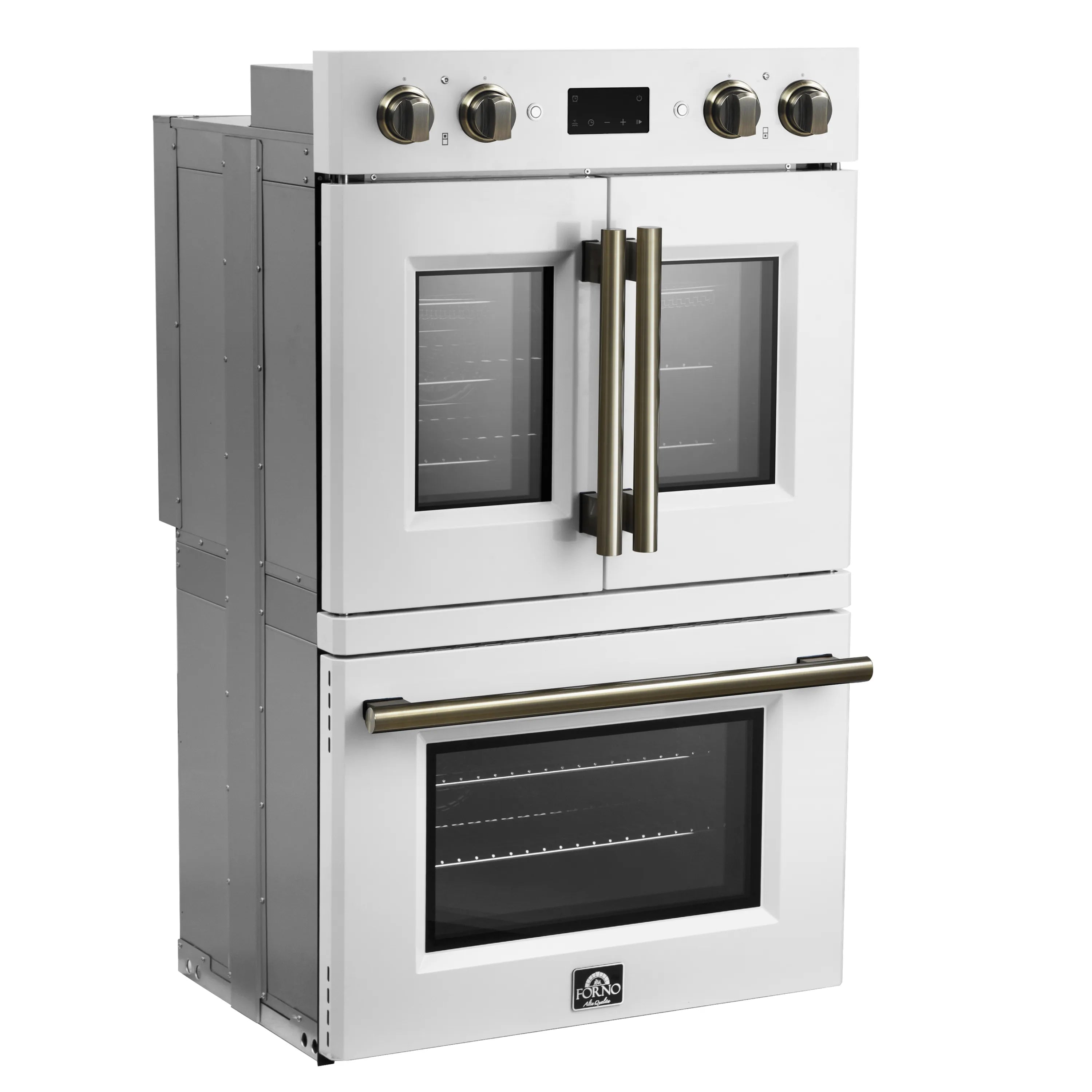 White double electric wall oven with French doors and antique brass trim