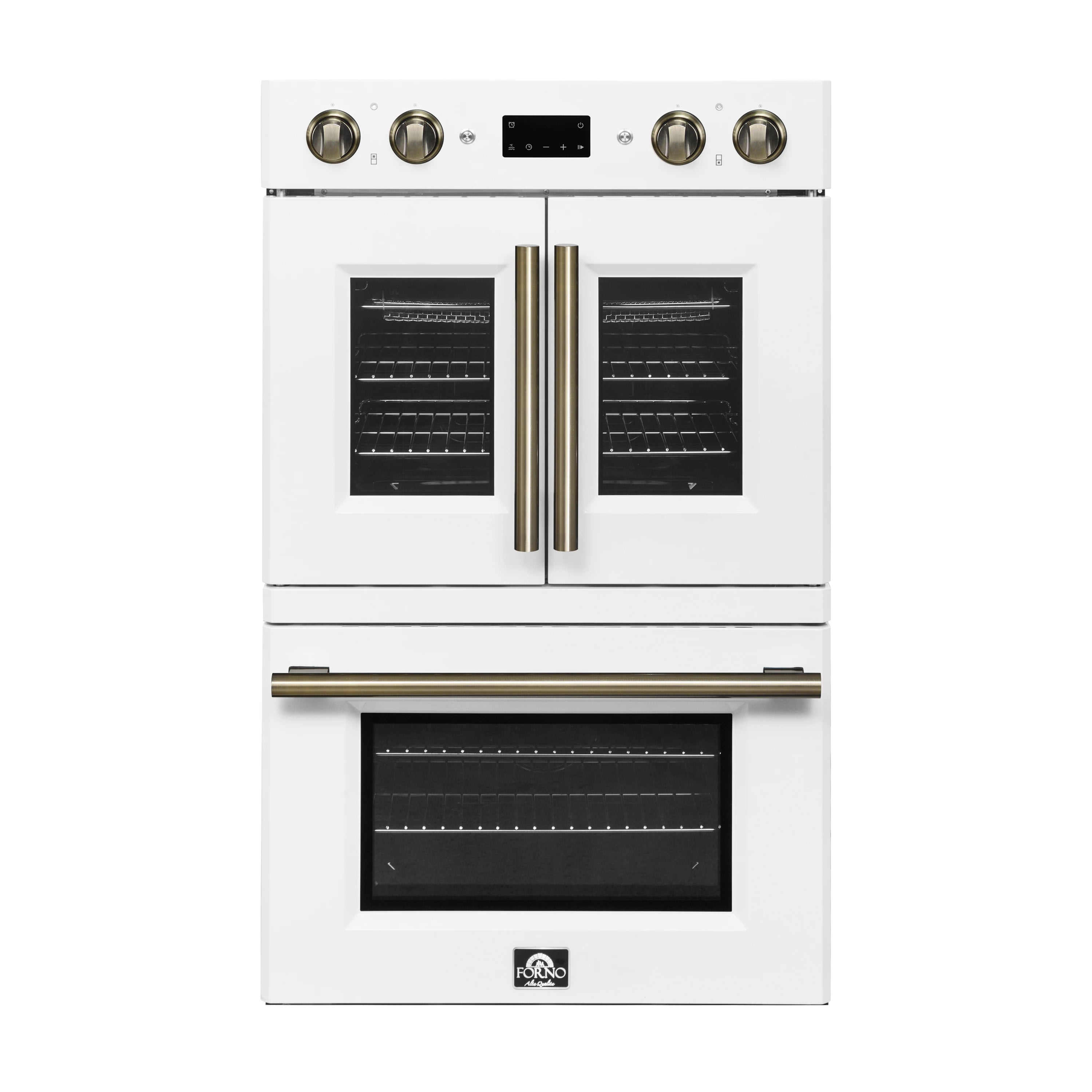Forno Asti double electric wall oven in white with antique brass handle trim