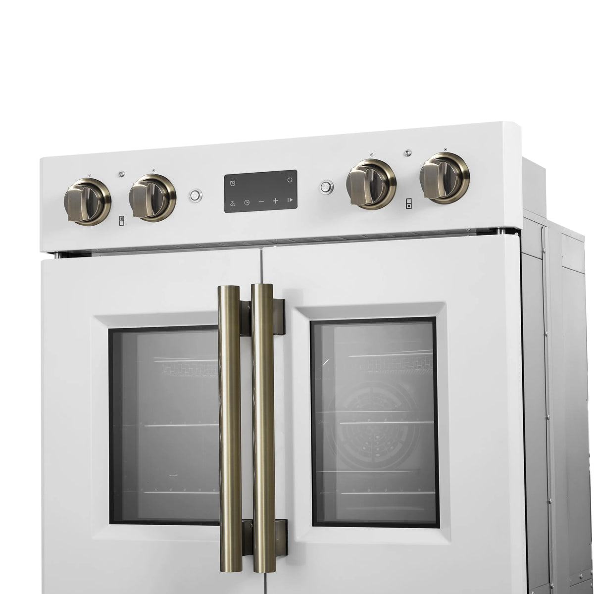 Forno Asti double electric wall oven front with white doors and antique brass pull handles