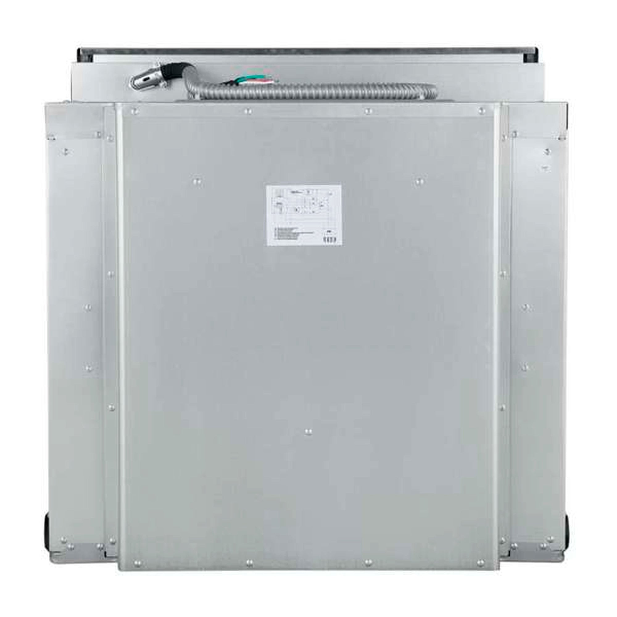 Stainless steel single wall oven rear service panel with labeled wiring and ports