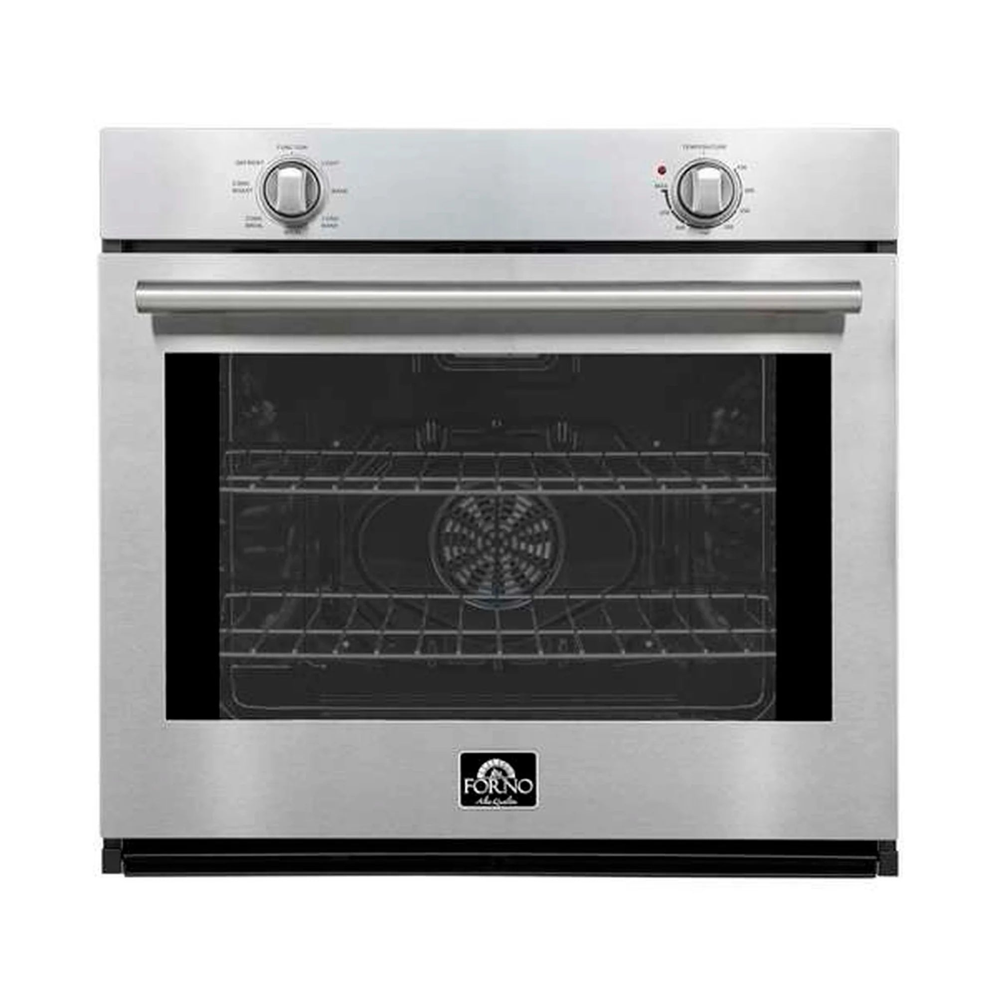 Stainless steel wall oven with dark glass door and two control knobs