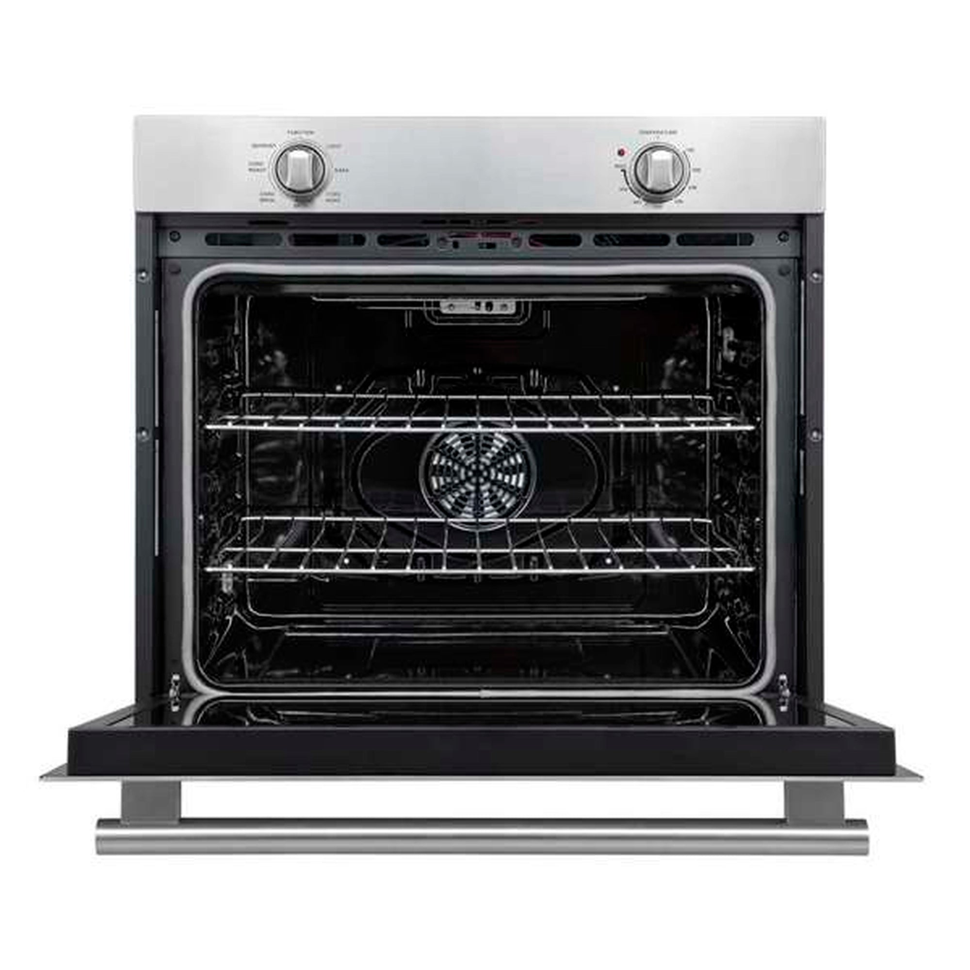 Stainless steel single wall oven open door showing fan and upper and lower racks
