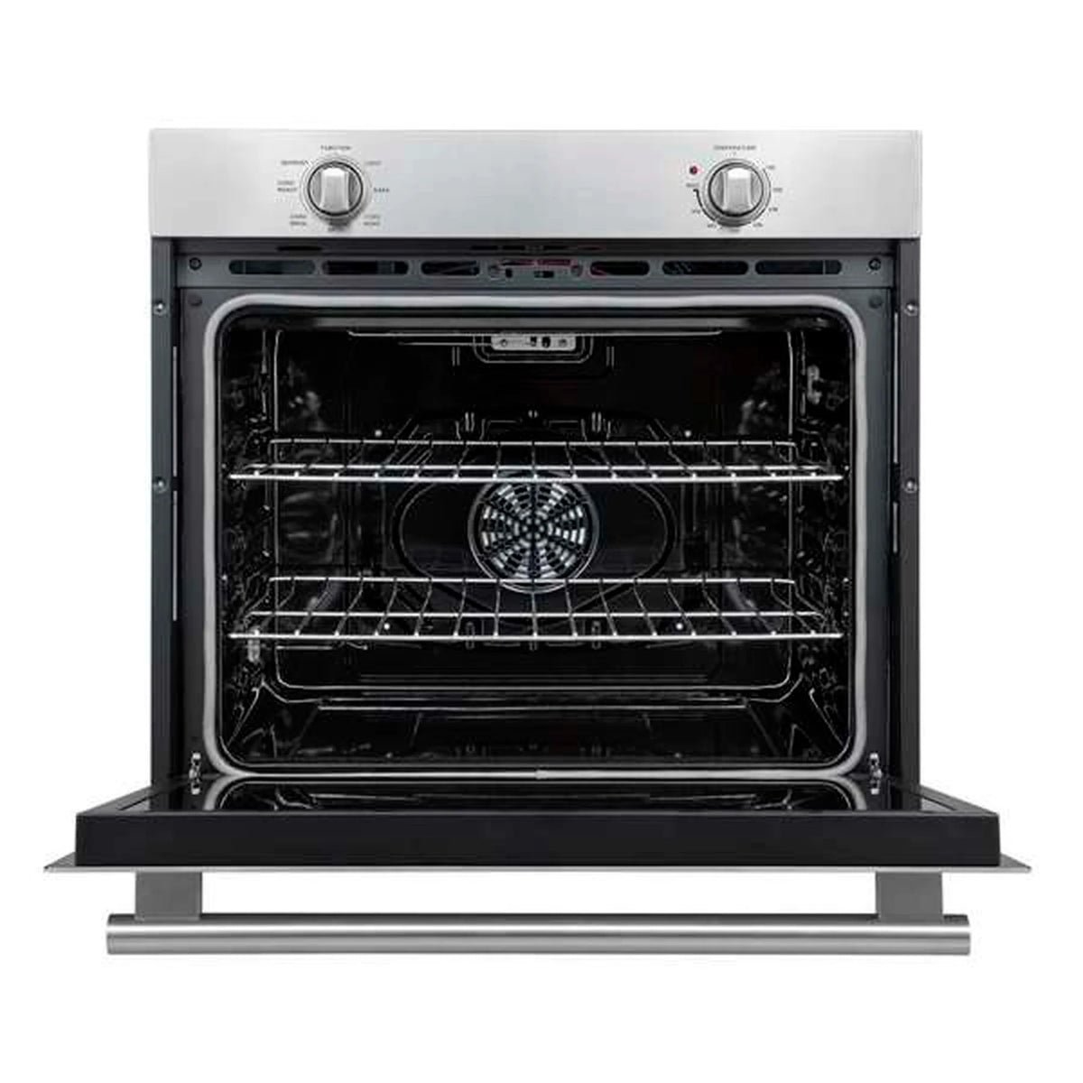 Stainless steel wall oven door open, showing oven racks and fan