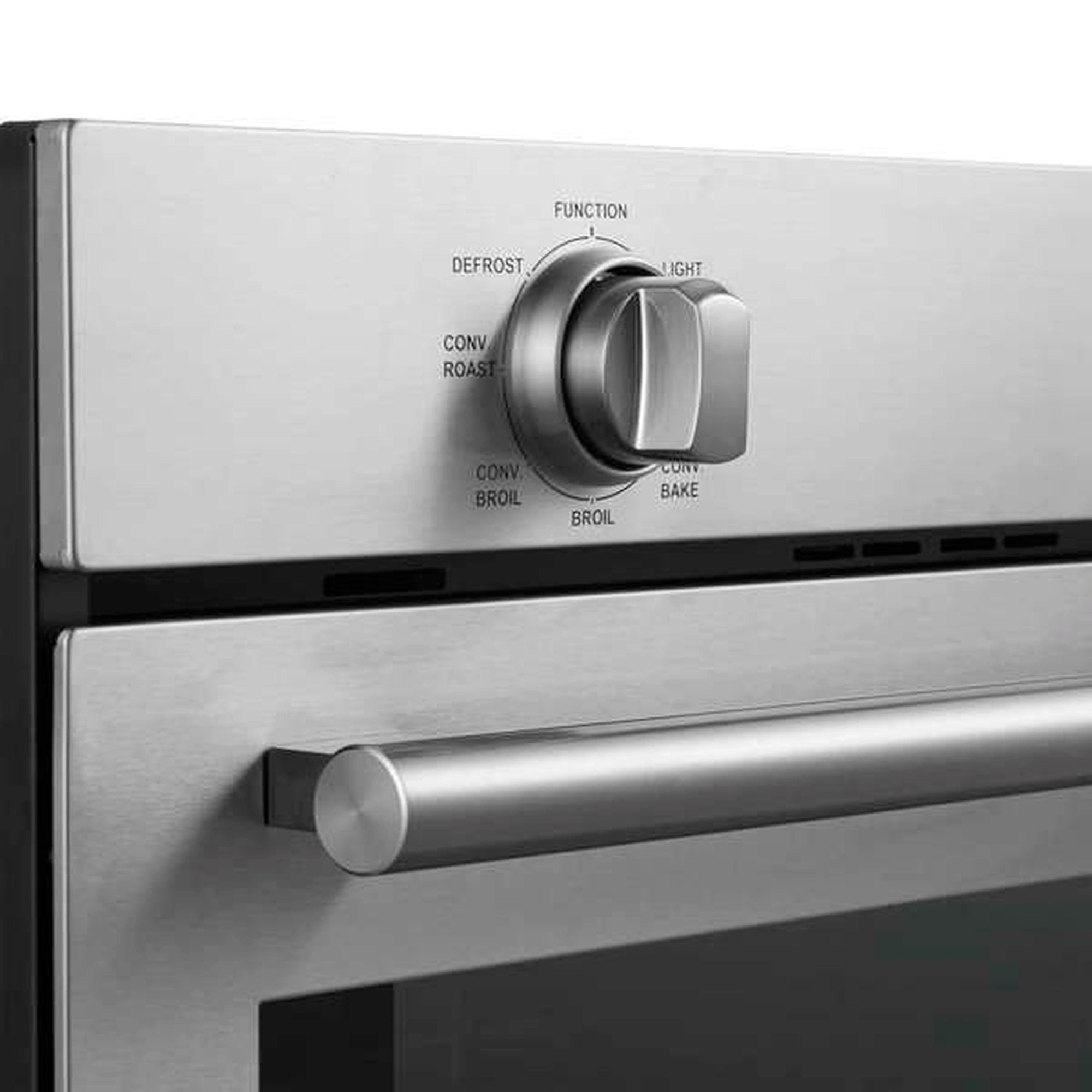 Stainless steel single wall oven control panel with function knob and mode labels