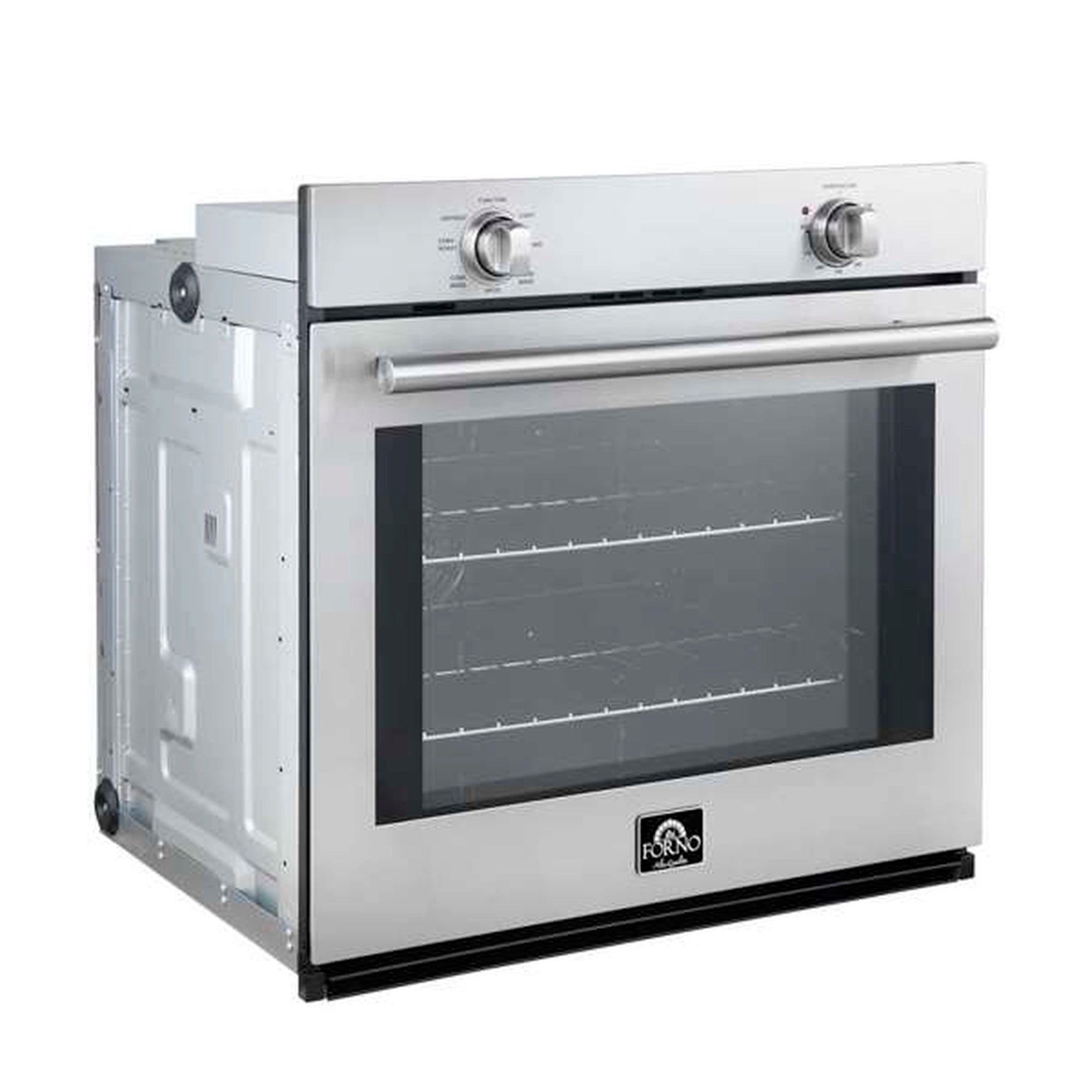 Stainless steel single wall oven with large door window and two front control knobs