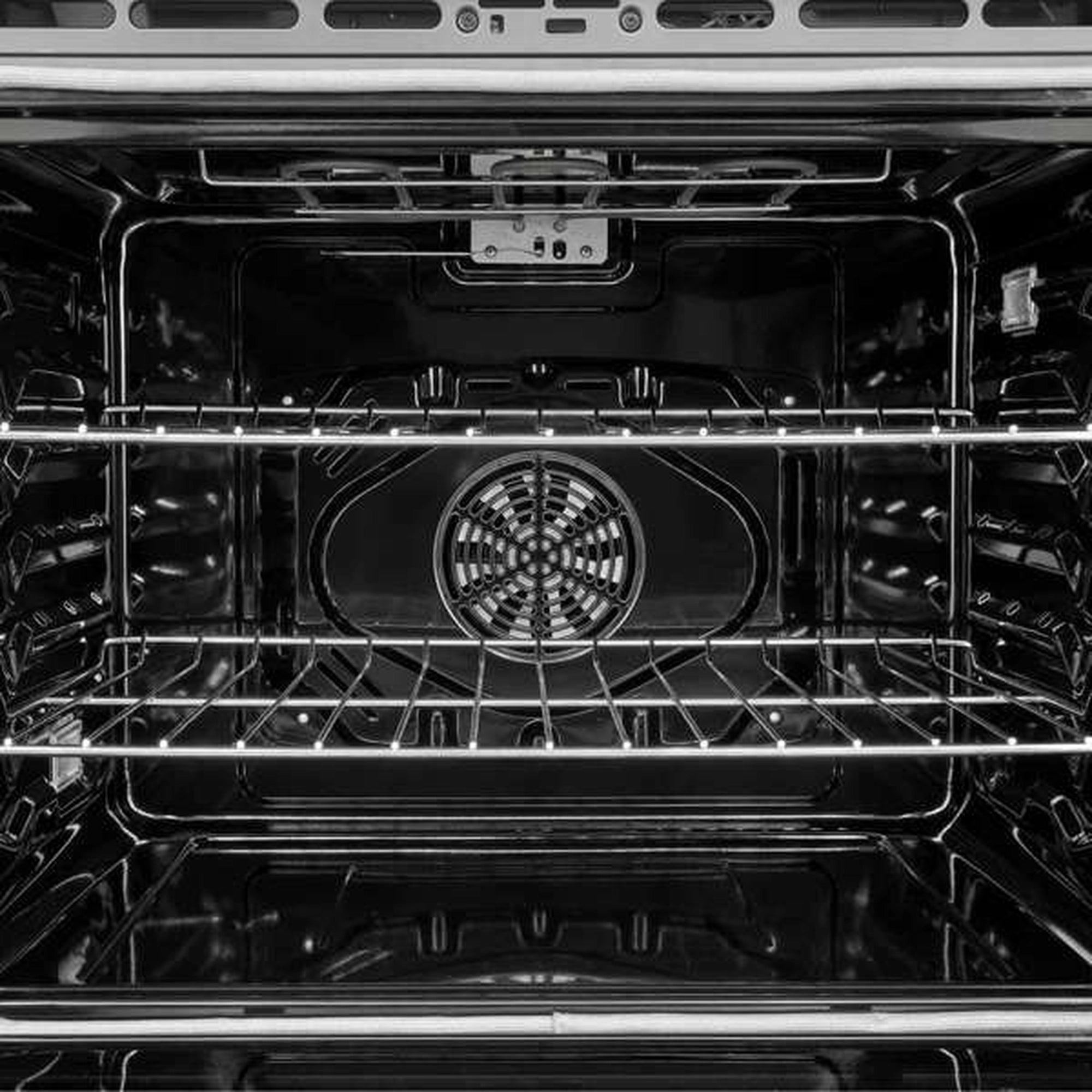 Stainless steel single wall oven interior with fan and wire cooking racks