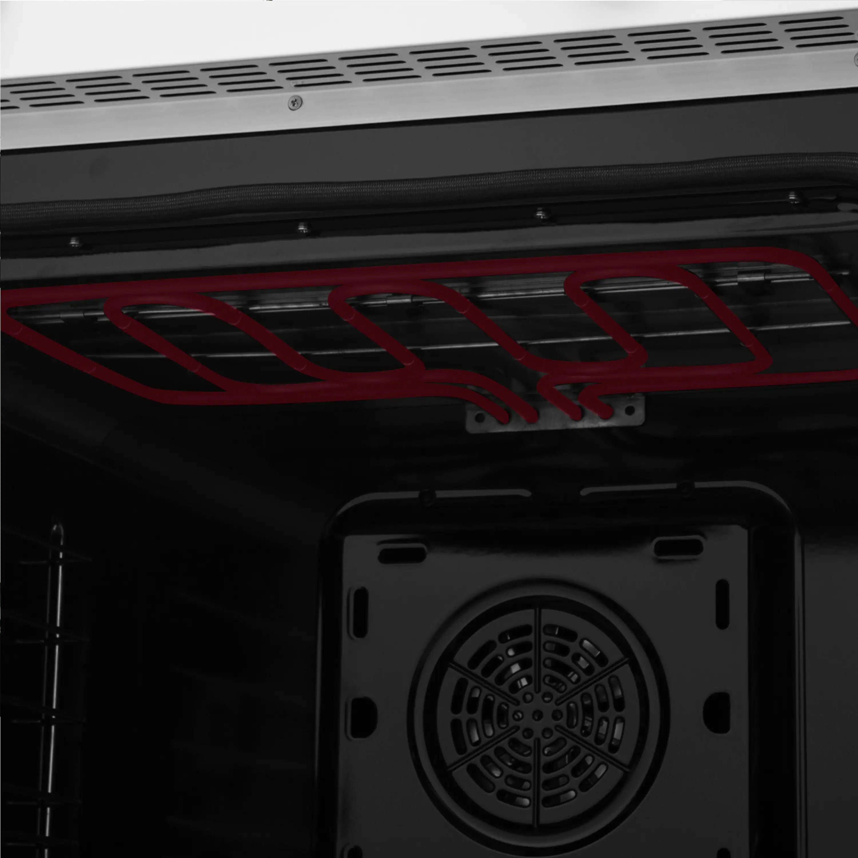 Black oven cavity close-up of rear fan through oven vent opening