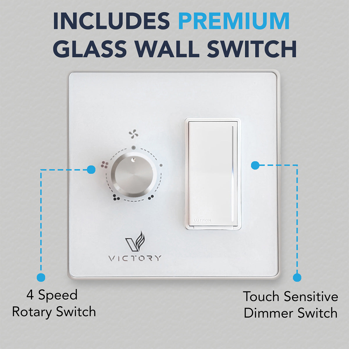 White range hood control panel with 4-speed rotary switch and touch dimmer