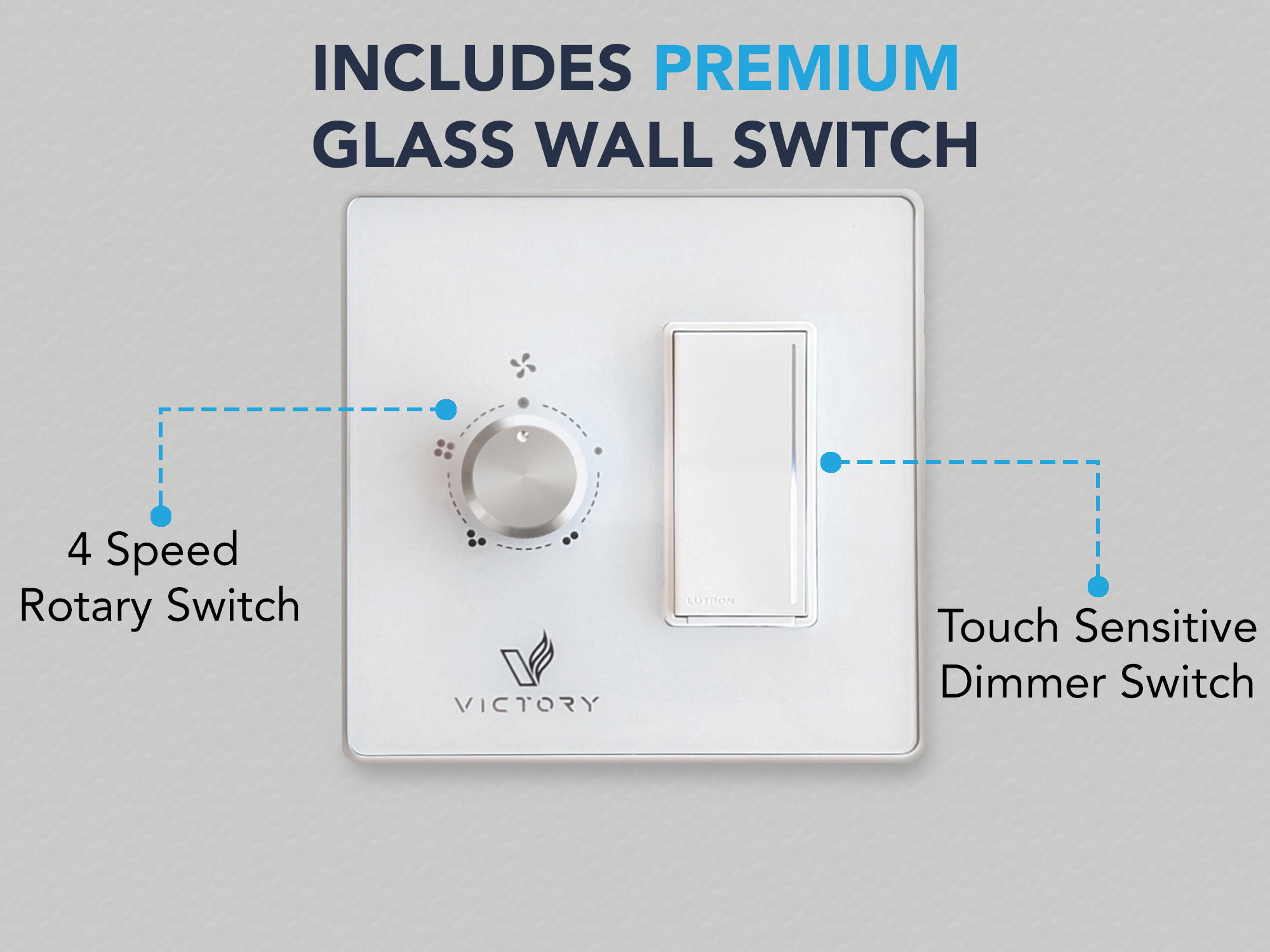 White wall control panel for ceiling range hood with rotary speed dial and touch buttons