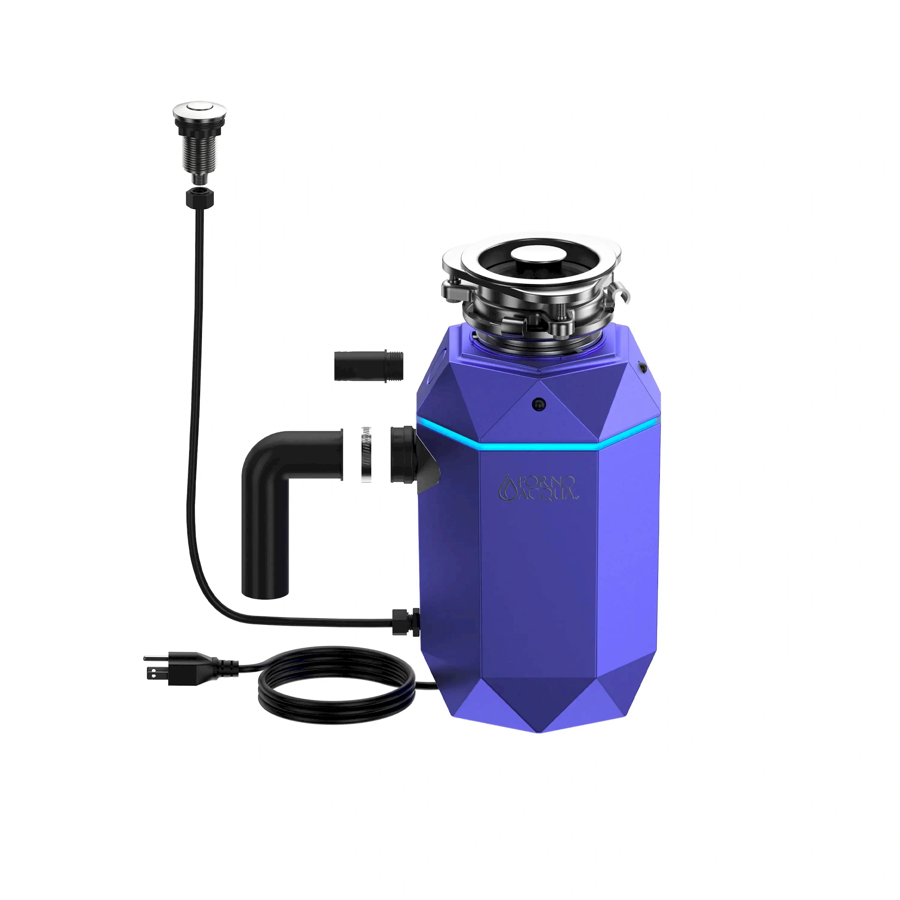 Amethyst blue garbage disposal unit with silver top, black hoses, and cord set