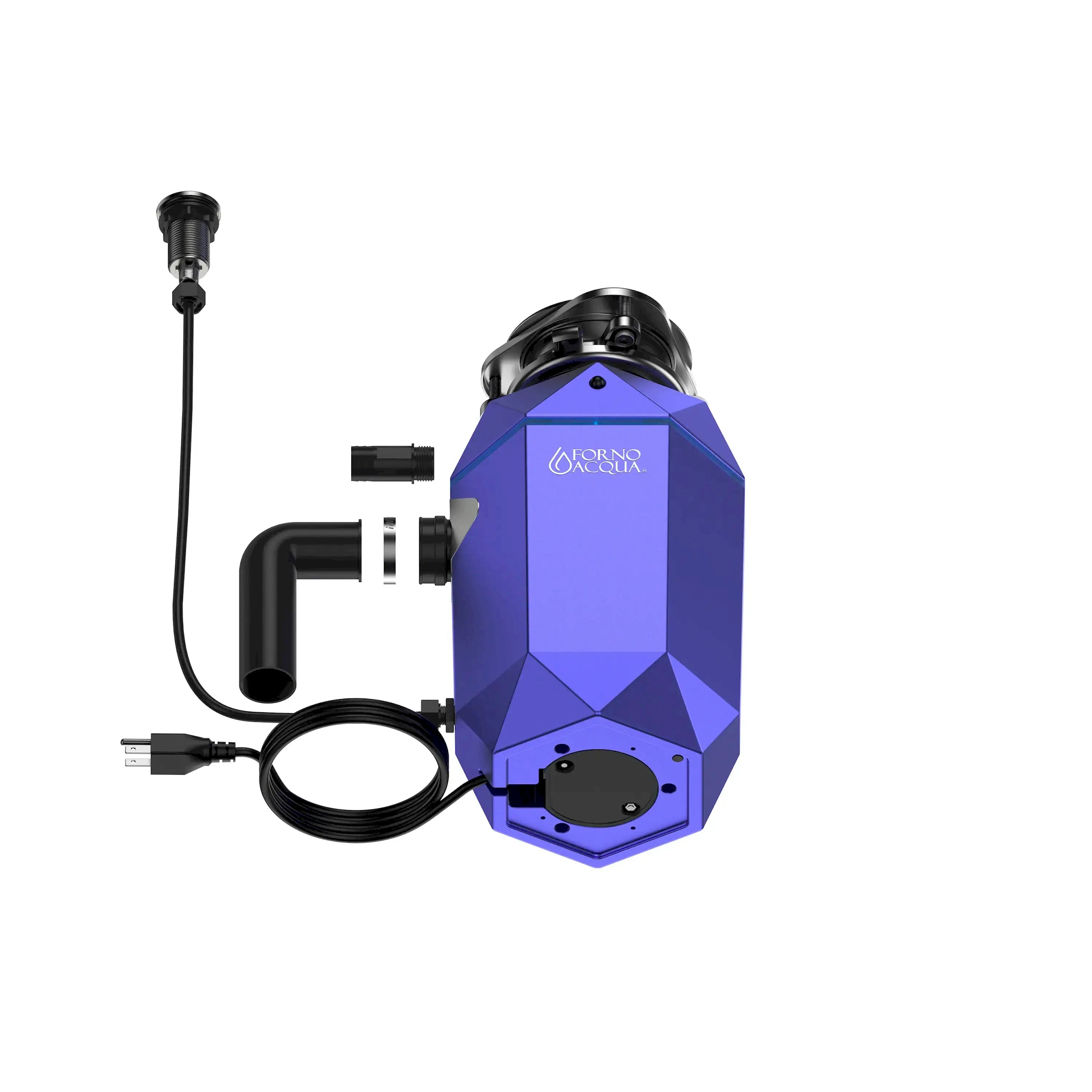Amethyst purple garbage disposal with black hose and pre-wired air switch cable, rear view.