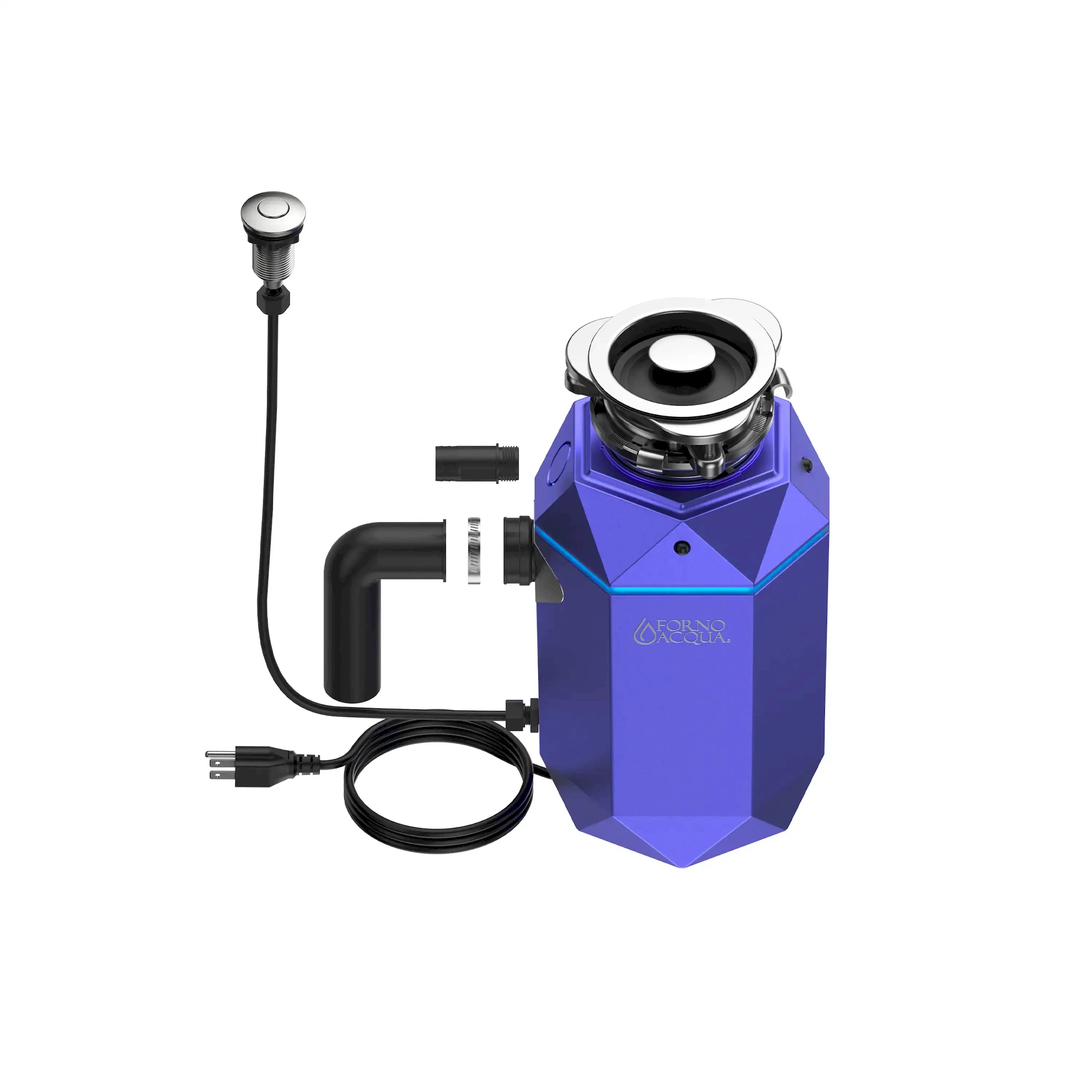 Amethyst purple garbage disposal with black pipe and pre-wired air switch cable, side view.