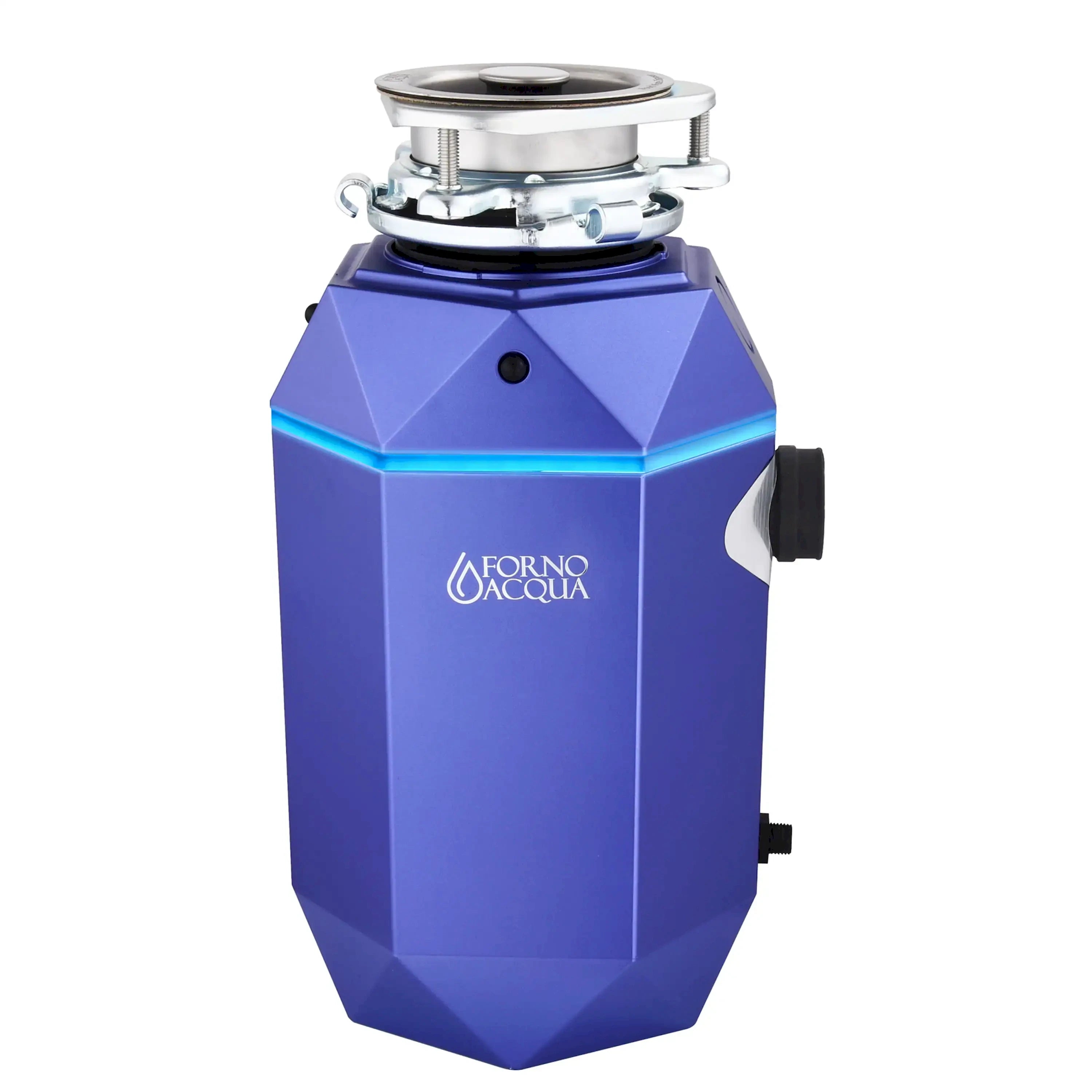 Amethyst purple garbage disposal with side outlet and stainless steel top, front 3/4 view.