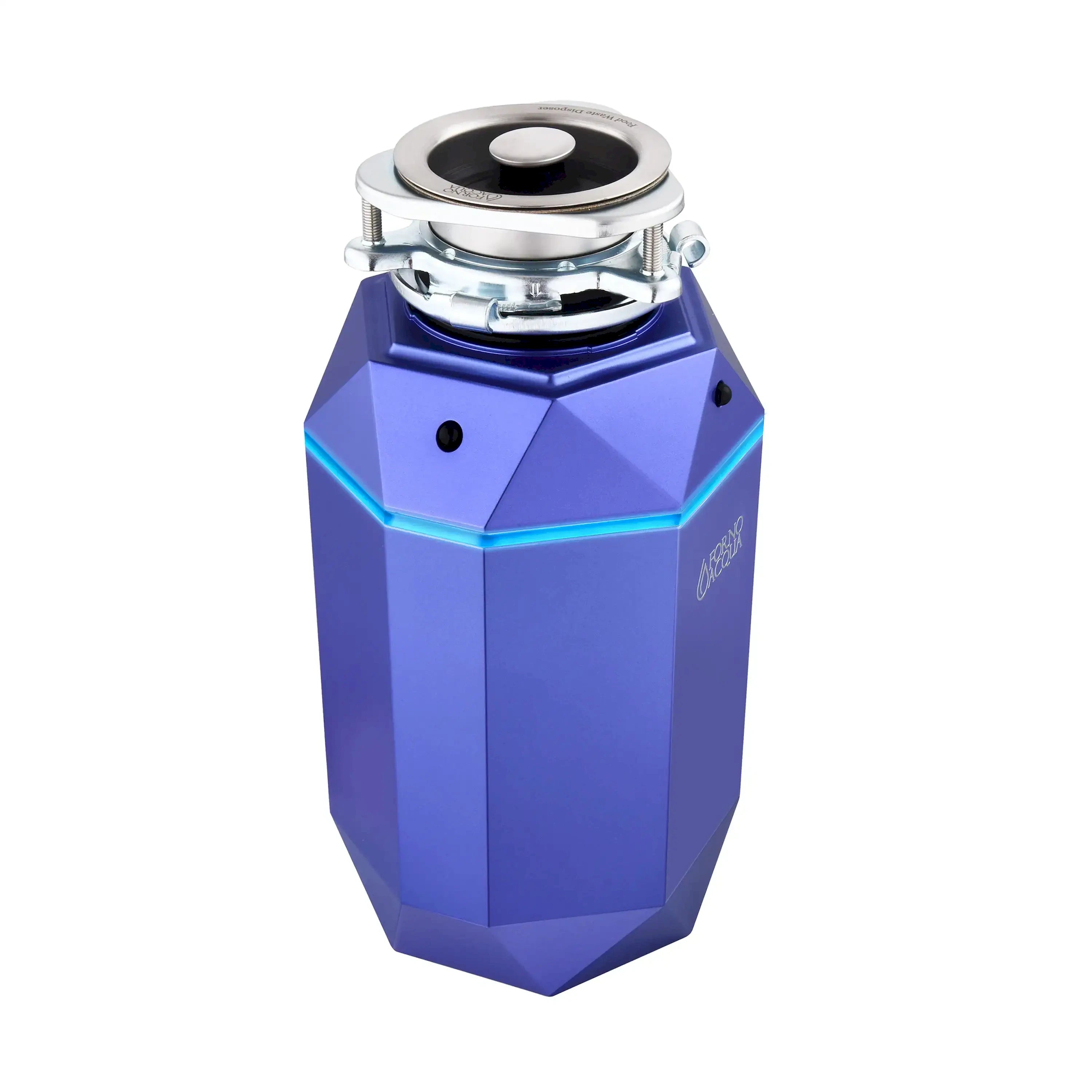 Amethyst purple garbage disposal with stainless steel top mounting flange, front view.