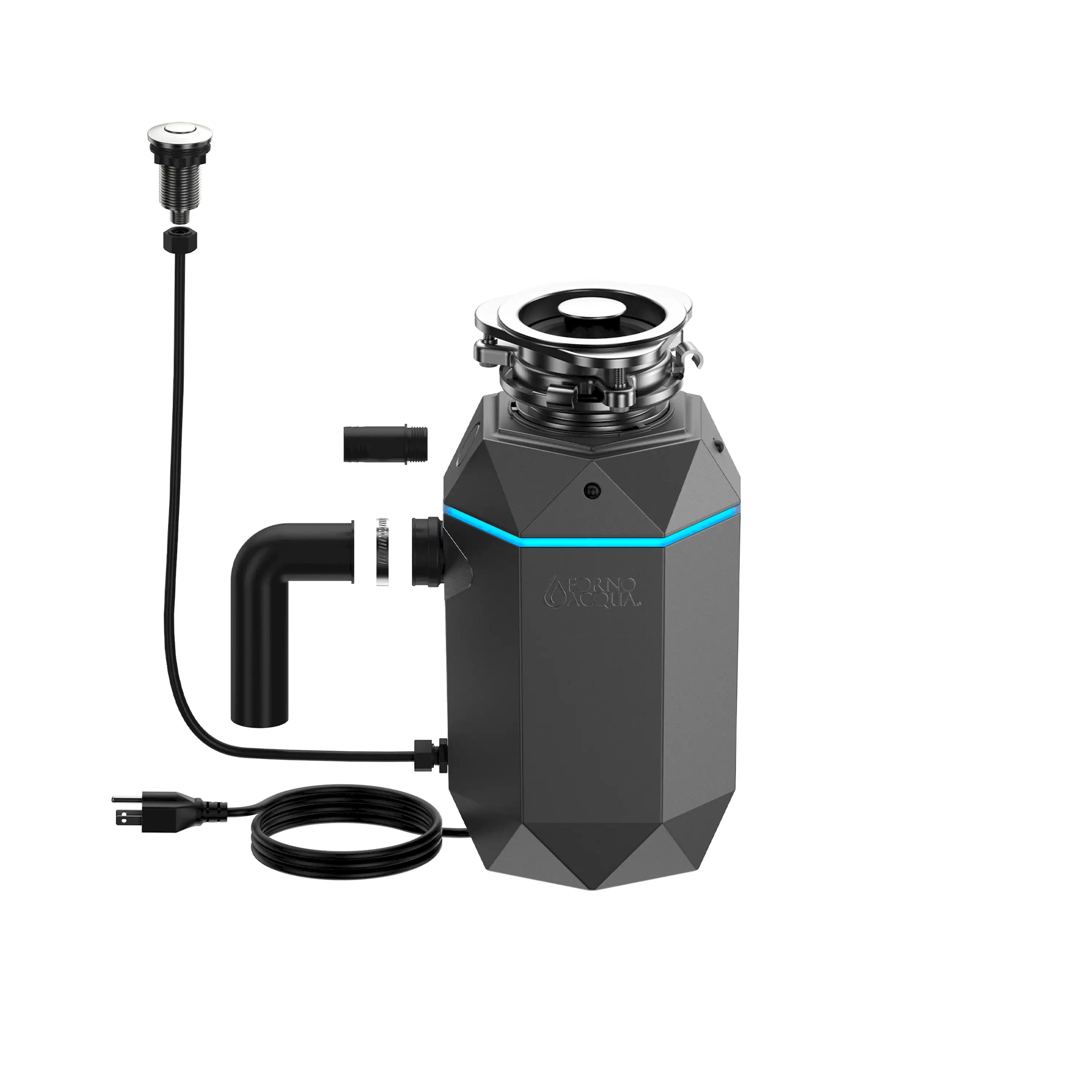 Stainless garbage disposal with air switch, drain kit hose, and pre-installed power cord
