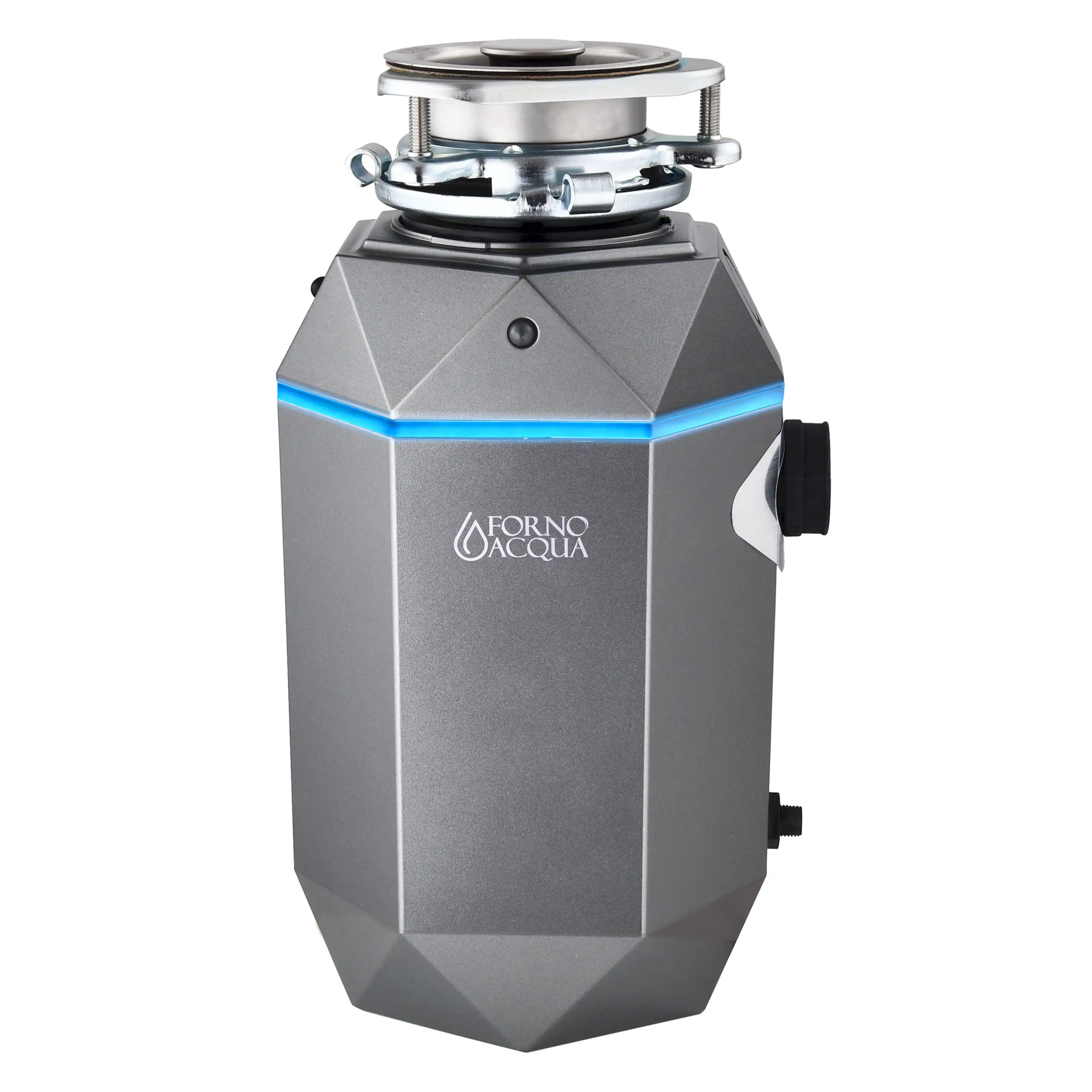 Brushed stainless garbage disposal with top grinding chamber and blue accent LED