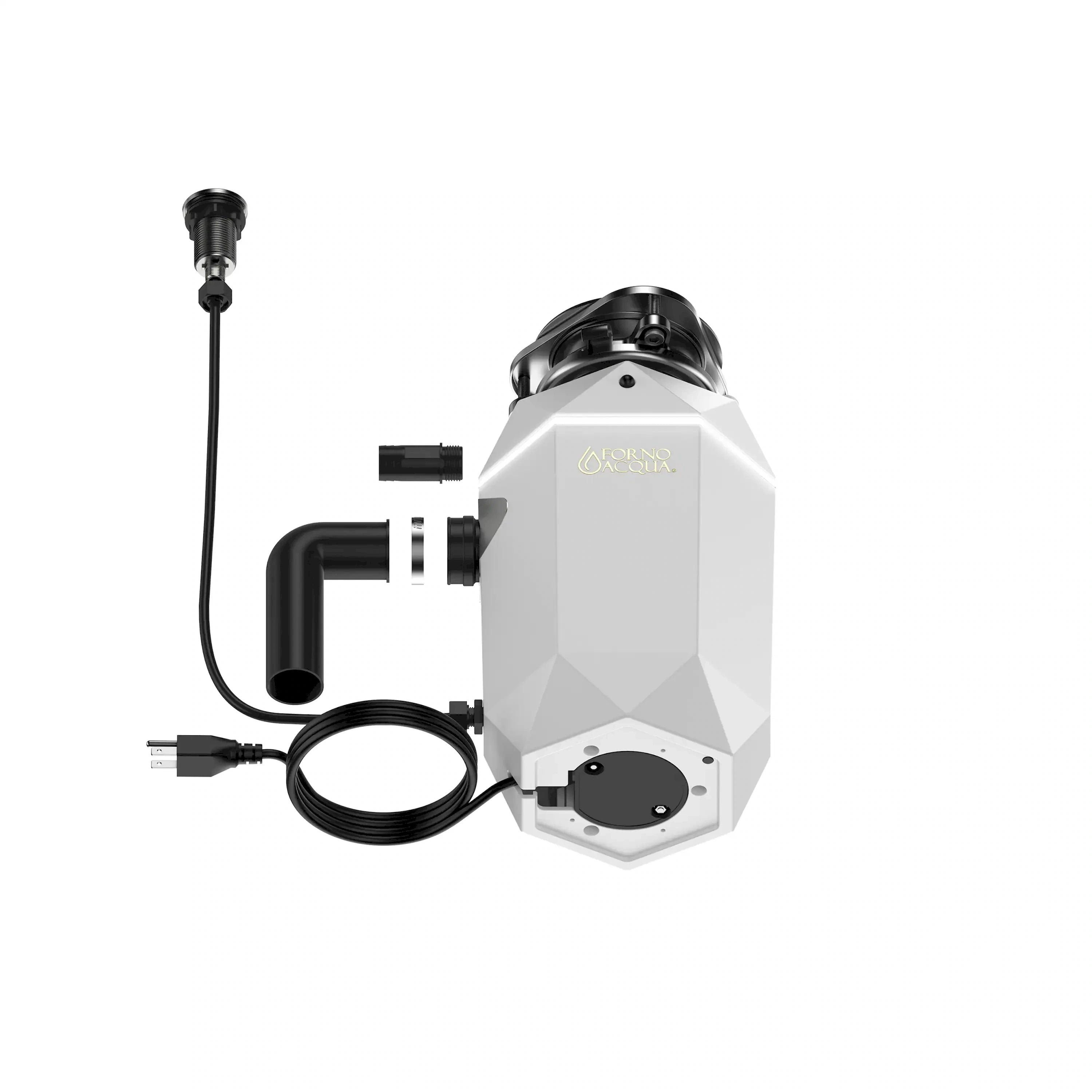 White garbage disposal with power cord and black plumbing inlet hoses