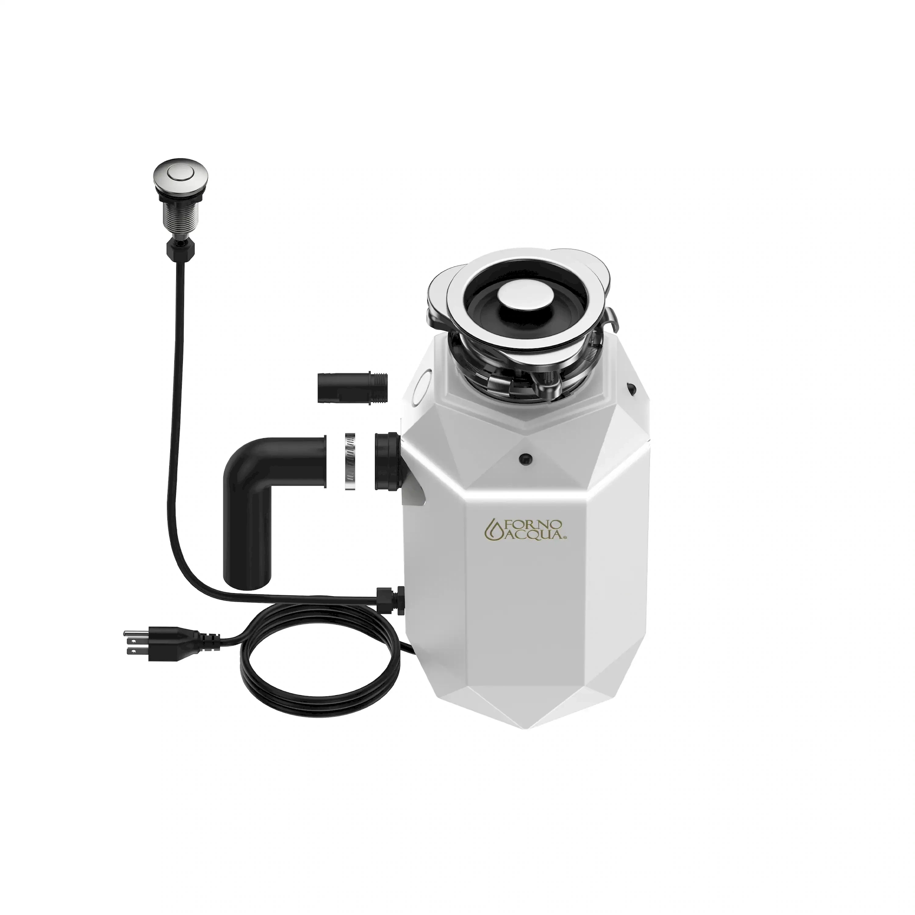 White garbage disposal with black drain hoses and attached power cord