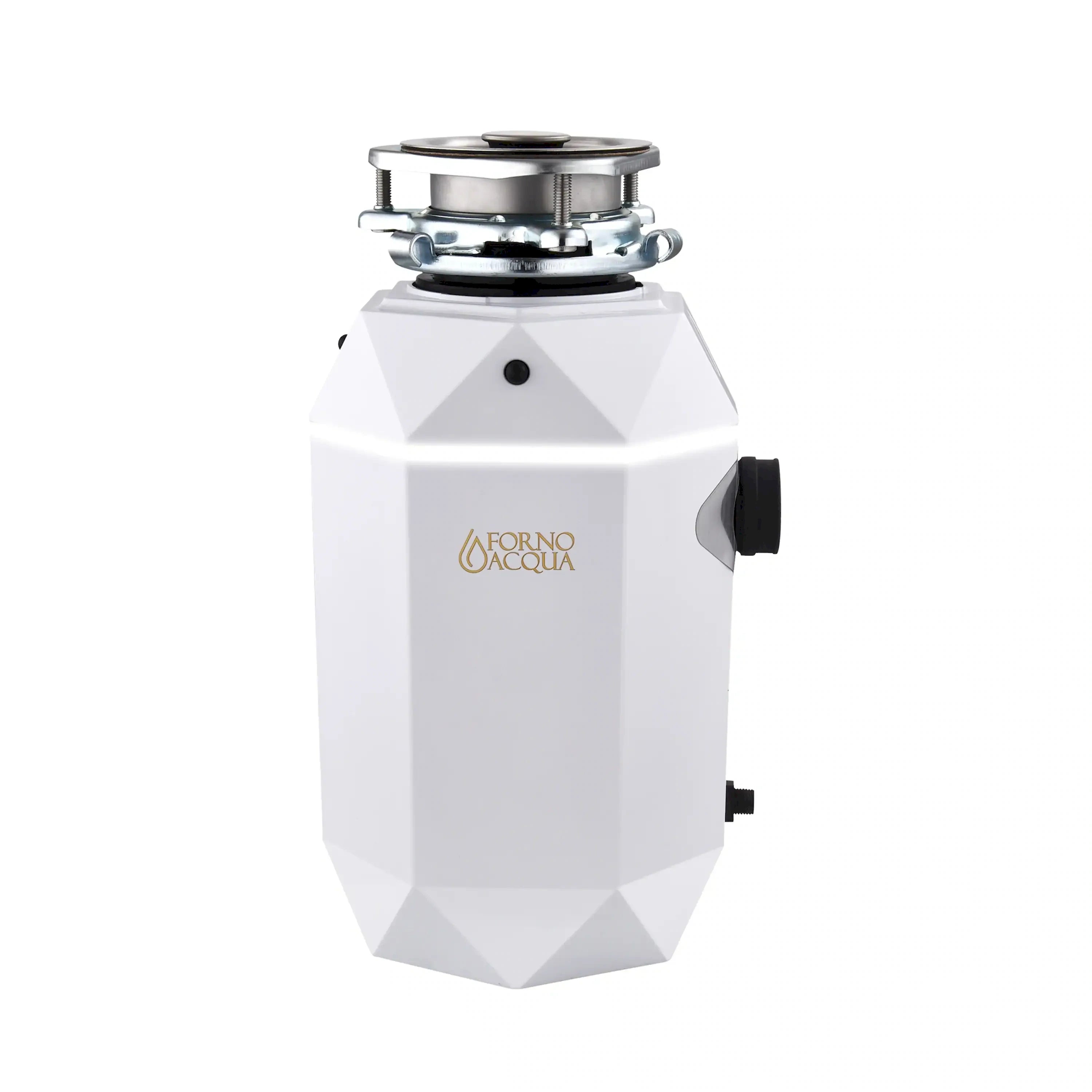 White garbage disposal unit with top grinding chamber and mounting collar