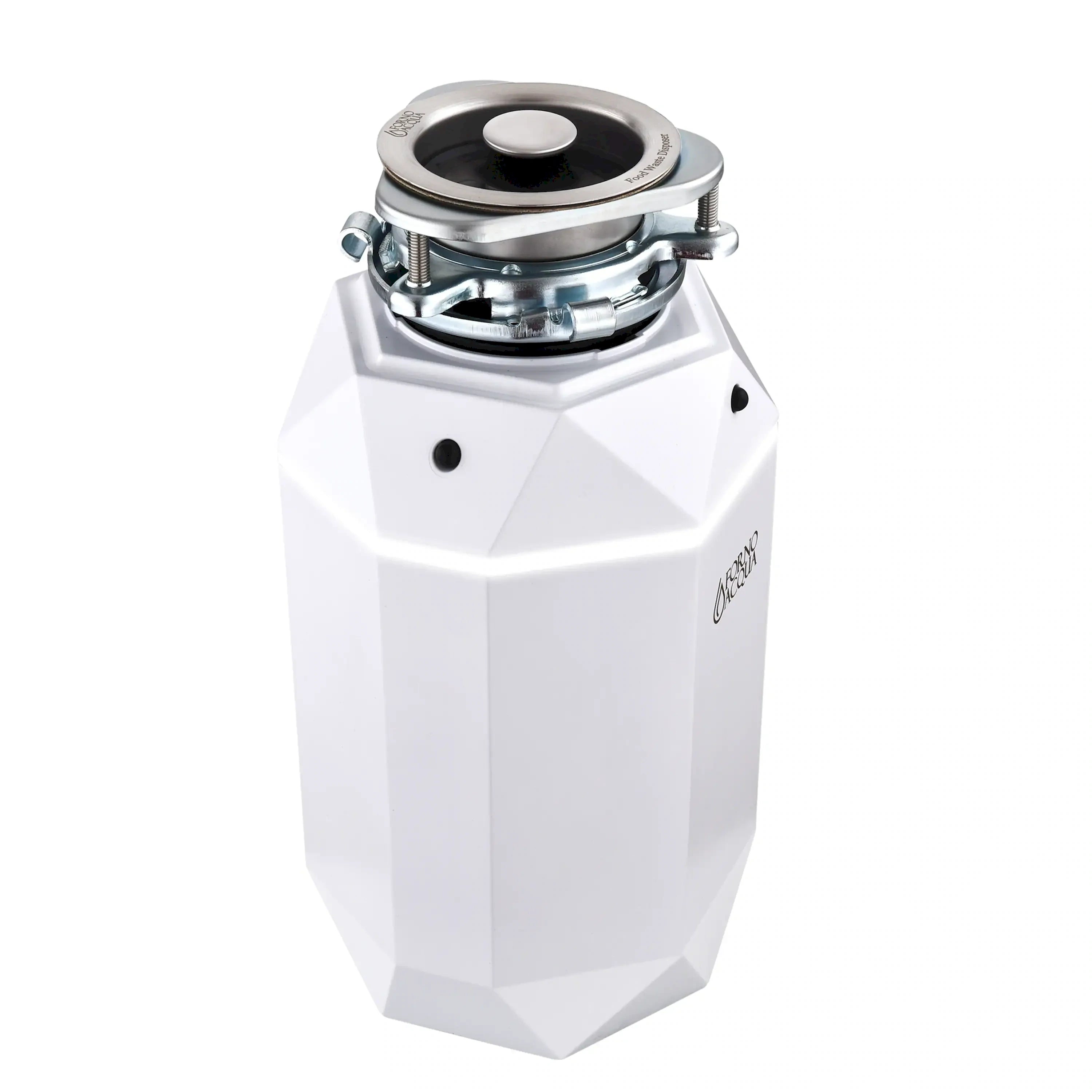 White garbage disposal with stainless steel top and side control switch