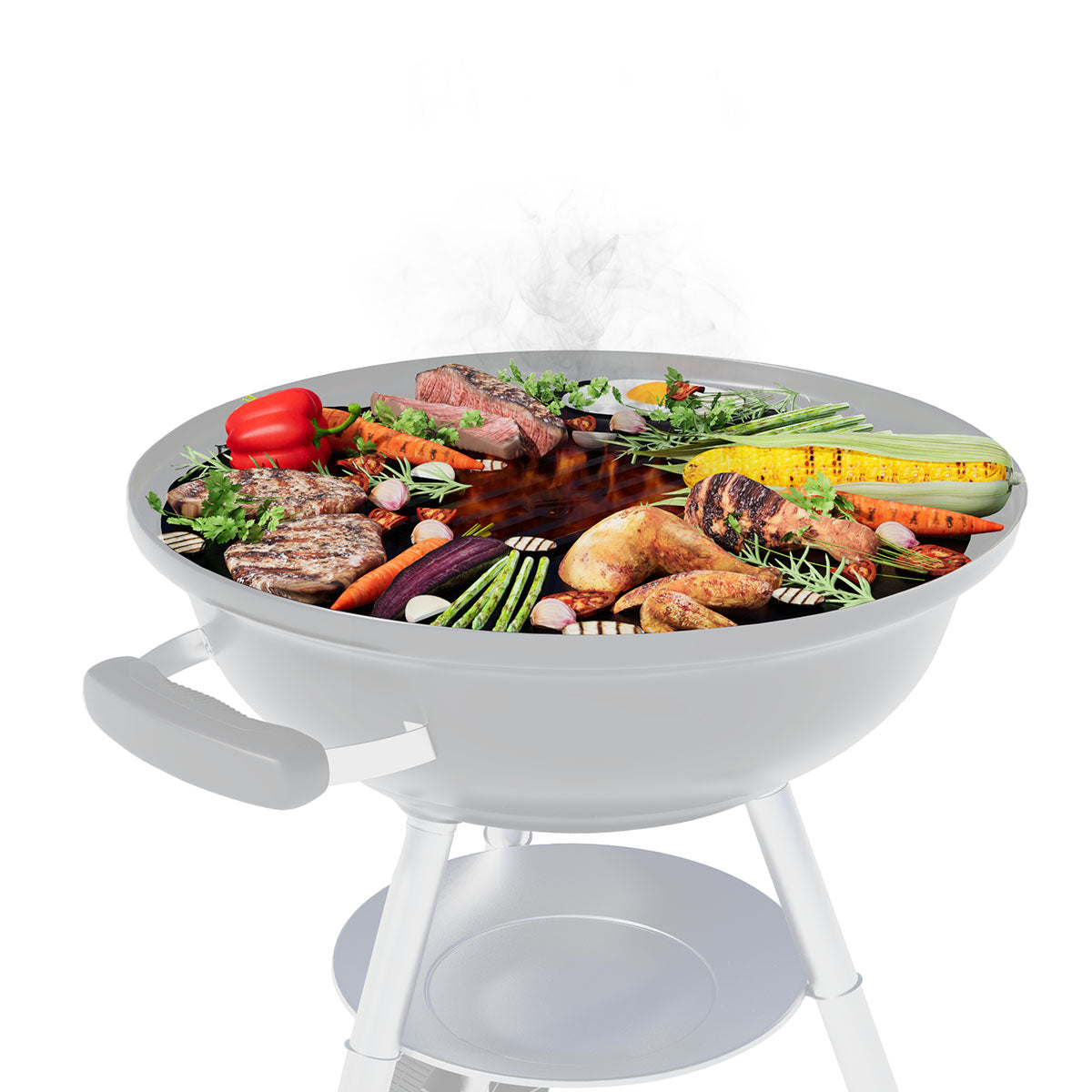 White kettle grill with food on round grill grate, Weber-style cooking setup