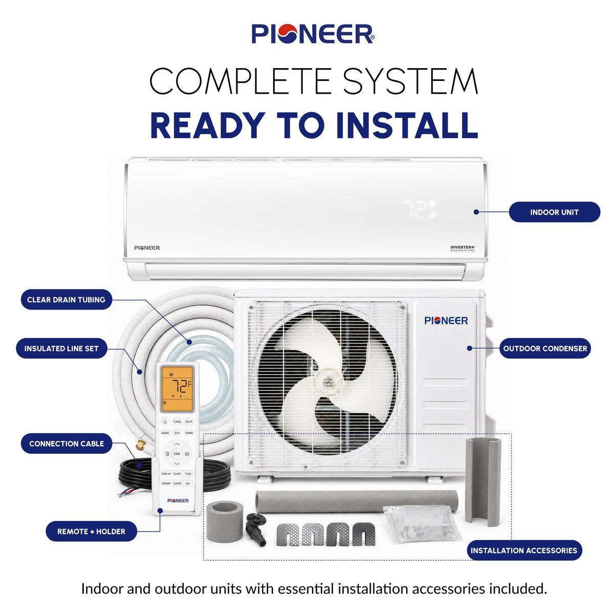 Pioneer® Diamante Pro™ 18,000 BTU 21 SEER2 230V High-Wall Ductless Mini-Split Air Conditioner Inverter Heat Pump with 16 Ft. Kit (WYT018GLSI20RL)
