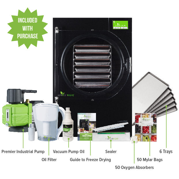 Black Harvest Right freeze-dryer starter kit with vacuum pump, 6 trays, mylar bags