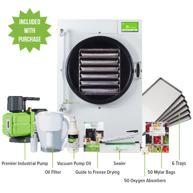 Freeze dryer starter kit showing vacuum pump, sealer, trays, mylar bags, and oxygen absorbers