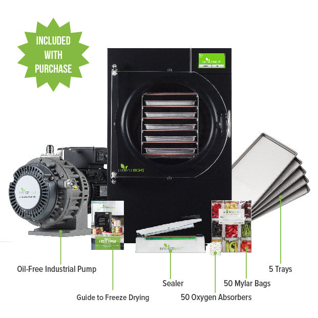 Black home freeze dryer with 5 trays, oil-free pump, sealer and starter kit accessories