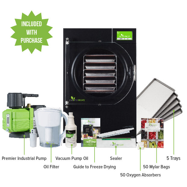 Black freeze dryer starter kit with vacuum pump, sealer, trays, and Mylar bags
