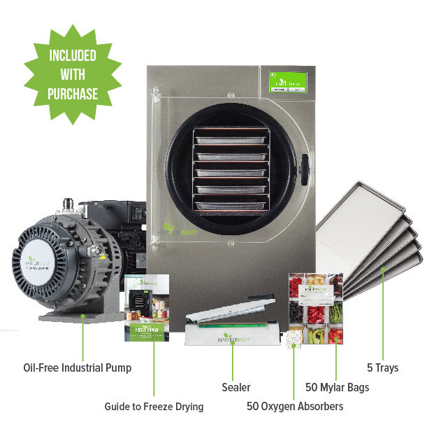 Freeze dryer kit with oil-free pump, 5 trays, sealer, 50 Mylar bags, oxygen absorbers