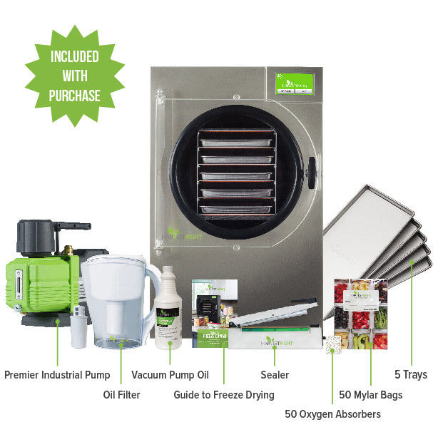 Harvest Right freeze dryer kit components diagram with 5 trays and vacuum pump