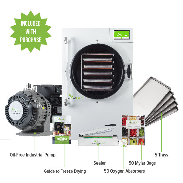 White home freeze dryer with 5 trays, sealer, Mylar bags, and oxygen absorbers