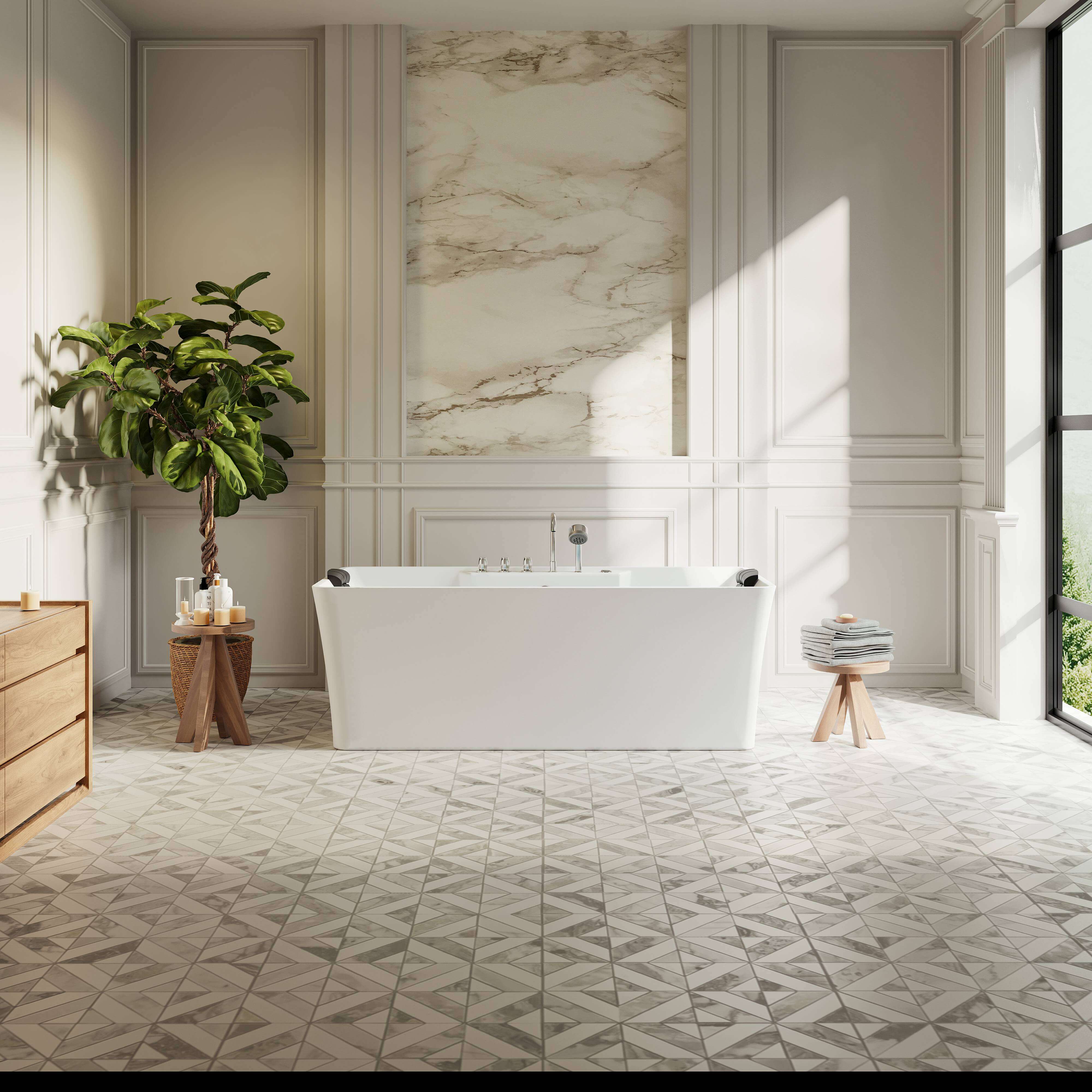 Empava white freestanding acrylic whirlpool bathtub with chrome deck faucet and jets