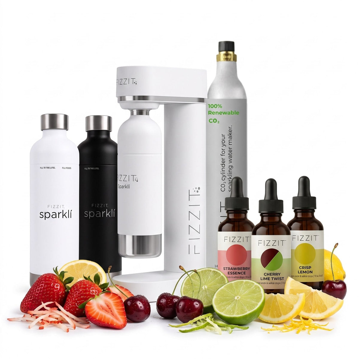 Fizzit Monarch Elite Sparkling Water Maker Bundle with 2 Stainless Steel Bottles, 60L CO2 Cylinder and 3 Flavor Drops