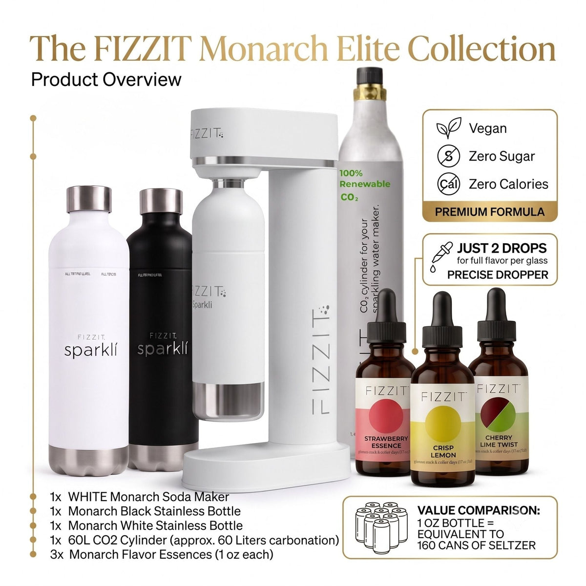 Fizzit Monarch Elite Sparkling Water Maker Bundle with 2 Stainless Steel Bottles, 60L CO2 Cylinder and 3 Flavor Drops